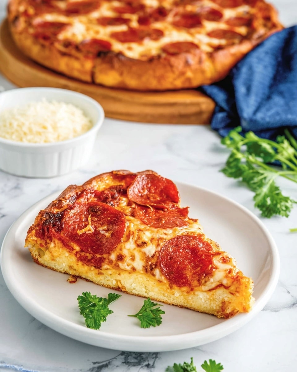 A slice of pepperoni pizza sits on a white plate on a white marbled surface. The pizza has three layers: a thick, golden-brown crust with a slightly crispy texture, topped with a layer of melted, bubbly cheese that has light brown spots, and a layer of bright red pepperoni slices evenly spread over the cheese. In the background, a whole pepperoni pizza is partly visible on a wooden board, and a blue cloth lies nearby. Fresh green parsley leaves and a small white bowl of grated cheese are placed around the plate. Photo taken with an iphone --ar 4:5 --v 7