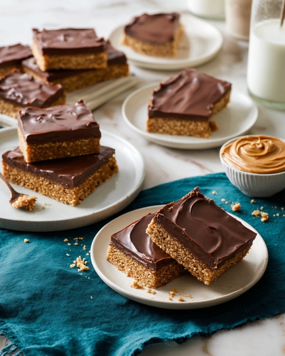The image shows several chocolate-topped bars arranged on white plates over a dark teal cloth on a white marbled surface. Each bar has two layers: a thick bottom layer with a light brown, textured and crumbly appearance, and a smooth, shiny dark brown chocolate layer on top. One plate has a stack of three bars, while others have single bars with some crumbs around them. To the right, there's a small white bowl filled with creamy peanut butter and a clear glass with milk, adding to the scene. Photo taken with an iphone --ar 4:5 --v 7