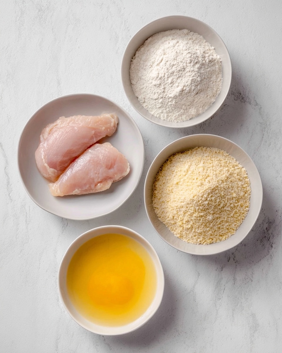 The image shows four white bowls arranged on a white marbled surface. The top left bowl contains three pieces of raw, pale pink chicken meat. To the right of it is a bowl filled with white flour. Below the chicken is a bowl holding a yellow mixture of beaten eggs. The bottom right bowl is filled with a light beige crumbly mixture, likely breadcrumbs. The overall colors are soft and neutral with the bowls neatly spaced in a square shape photo taken with an iphone --ar 4:5 --v 7