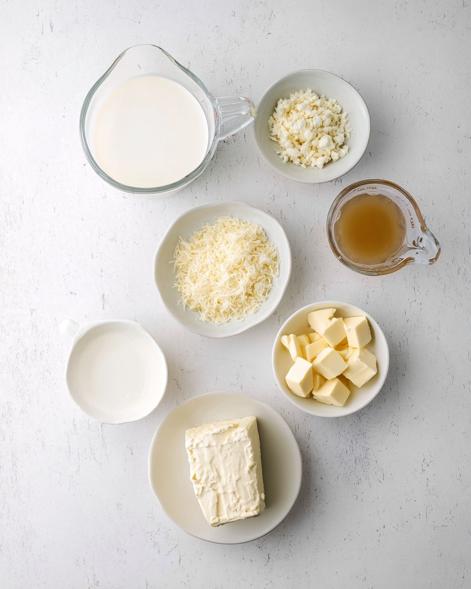 The image shows a top view of six separate white bowls and measuring cups arranged on a white marbled surface, each holding a different ingredient. At the center bottom is a white bowl with a soft, creamy white block of cream cheese. To the left is a clear measuring cup filled with white heavy cream. Above that is a white bowl with finely grated pale yellow cheese. To its right is a small white bowl with finely chopped garlic. At the top right, there is a clear measuring cup with a light brown liquid, likely broth or stock. Just below that is a small white bowl holding several small cubes of pale yellow butter. Photo taken with an iphone --ar 4:5 --v 7
