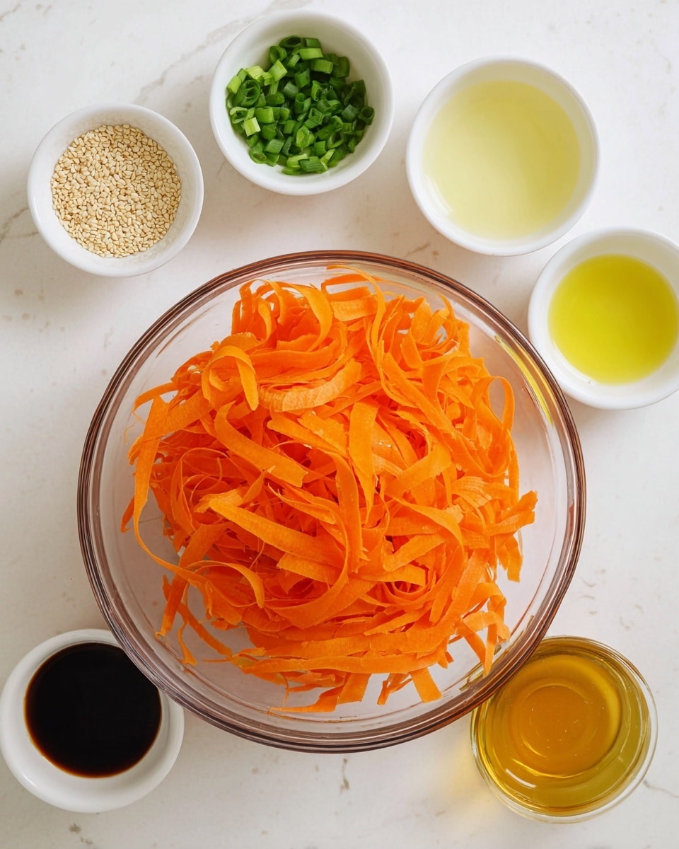 A clear glass bowl filled with wide, thin orange carrot strips that look fresh and slightly curled, placed in the middle of a white marbled surface. Surrounding the bowl are five small white bowls each holding different ingredients: popcorn sesame seeds in the top left bowl, finely chopped green onions at the top right, a pale yellow liquid in the middle right, a dark soy sauce-like liquid in the bottom left, a greenish oil in the center-left, and a golden honey-like liquid in the bottom right. The scene is bright and clean with a simple food prep style. photo taken with an iphone --ar 4:5 --v 7