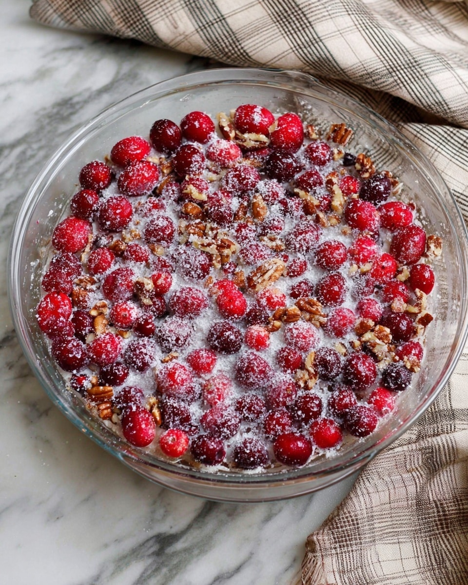 A clear glass pie dish filled with a mix of bright red and deep purple cranberries scattered evenly on top, with small pieces of light brown pecans mixed in. The cranberries and pecans are dusted with a fine layer of white granulated sugar, giving a frosted look. The dish sits on a white marbled surface, and there is a beige and gray plaid cloth casually placed to the side. Photo taken with an iphone --ar 4:5 --v 7