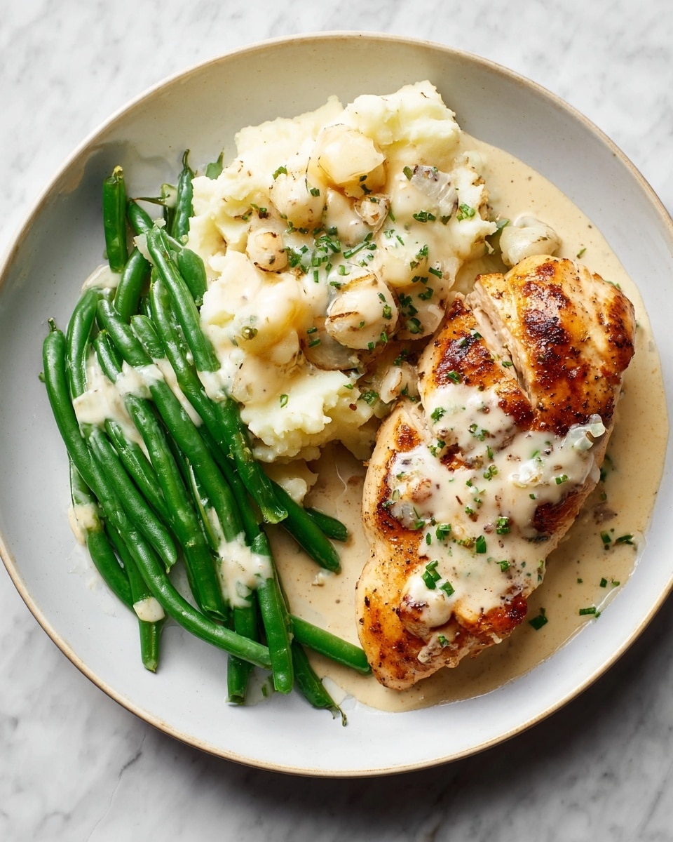 A white plate holds three main layers of food on a white marbled surface. On the left is a bundle of bright green beans with a light cream sauce drizzled over them. To the right of the beans is a piece of golden-brown cooked chicken breast covered with a creamy white sauce sprinkled with small green herbs. Next to the chicken is a generous scoop of mashed potatoes mixed with roasted garlic cloves and covered partly with the same creamy sauce, also sprinkled with green herbs and some black pepper. photo taken with an iphone --ar 4:5 --v 7