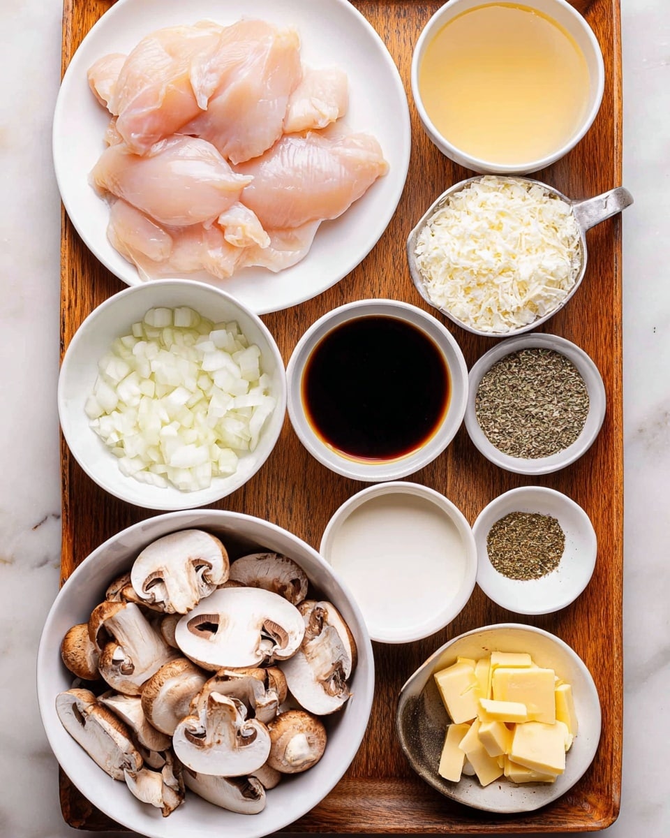 A collection of ingredients arranged neatly on a wooden tray with a white marbled surface background. In the top left, there is a white plate holding several pieces of raw chicken with a pale pink color and smooth, shiny texture. To the right is a white bowl filled with sliced brown mushrooms showing their cream-colored inner flesh and dark gills. Below the chicken, a white bowl holds chopped white onions with a slightly translucent look. Near the center, a small white bowl contains a dark brown liquid, likely soy sauce. Surrounding these are additional small white bowls containing minced garlic, dried herbs, black pepper mixed with salt, grated pale yellow cheese, golden broth, white cream or milk, and pale yellow butter cubes at the top right corner. The arrangement is clean and orderly, showcasing a variety of colors and textures, from smooth liquids to finely chopped and sliced ingredients. photo taken with an iphone --ar 4:5 --v 7