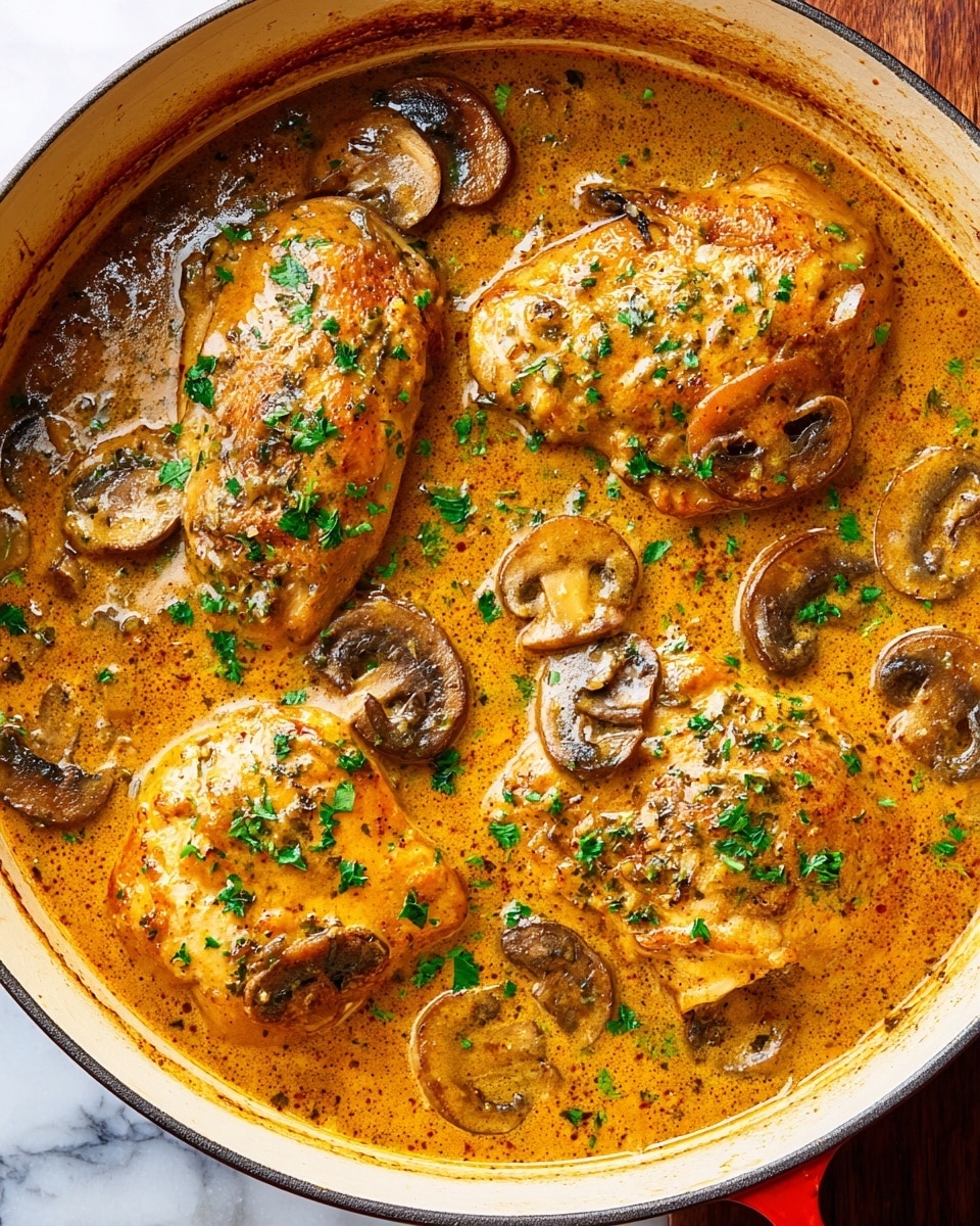 The image shows a close-up view of a large white pot filled with a rich, golden-brown creamy sauce that covers four large pieces of cooked chicken. Sliced mushrooms with a soft, cooked texture are scattered evenly over the chicken and sauce. The sauce has a smooth, slightly thick texture with small bits of herbs and spices mixed in. Bright green chopped parsley is sprinkled on top, adding a fresh contrast to the warm colors. The pot is on a white marbled surface and the sauce looks warm and inviting. Photo taken with an iphone --ar 4:5 --v 7