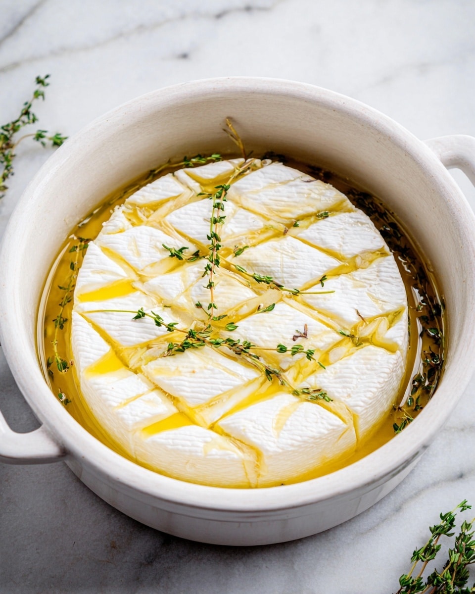 A round white cheese wheel with a smooth white rind sits in the middle of a round metal pot. It has thin crisscross cuts on the top, and a golden honey glaze covers the surface, making it shiny. On top of the cheese, two green thyme sprigs lay diagonally, adding fresh color. The pot handles are visible on each side, and the pot is placed on a white marbled surface. Photo taken with an iphone --ar 4:5 --v 7