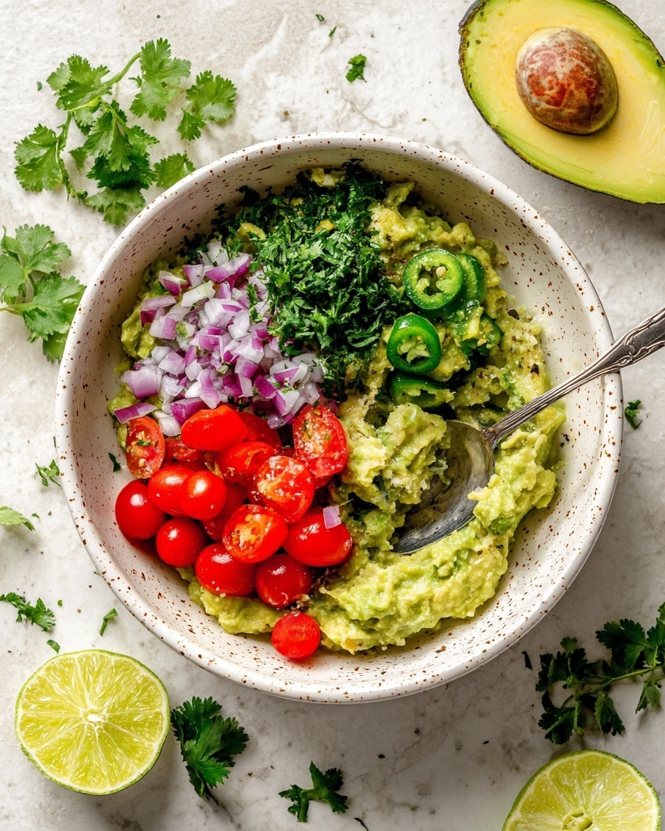 A bowl filled with mashed green avocado as the base layer, topped with chopped bright red cherry tomatoes on the right side, small diced purple onions next to the tomatoes, finely chopped dark green jalapeño placed above the tomatoes, fresh green cilantro piled on the left, and small piles of minced garlic and ground black pepper near the top left. The bowl is white with speckled brownish-pink spots on the inside and sits on a white marbled surface with lime halves, an avocado half, a jalapeño, and cilantro leaves scattered around. A silver spoon is resting inside the bowl on the right side. Photo taken with an iphone --ar 4:5 --v 7