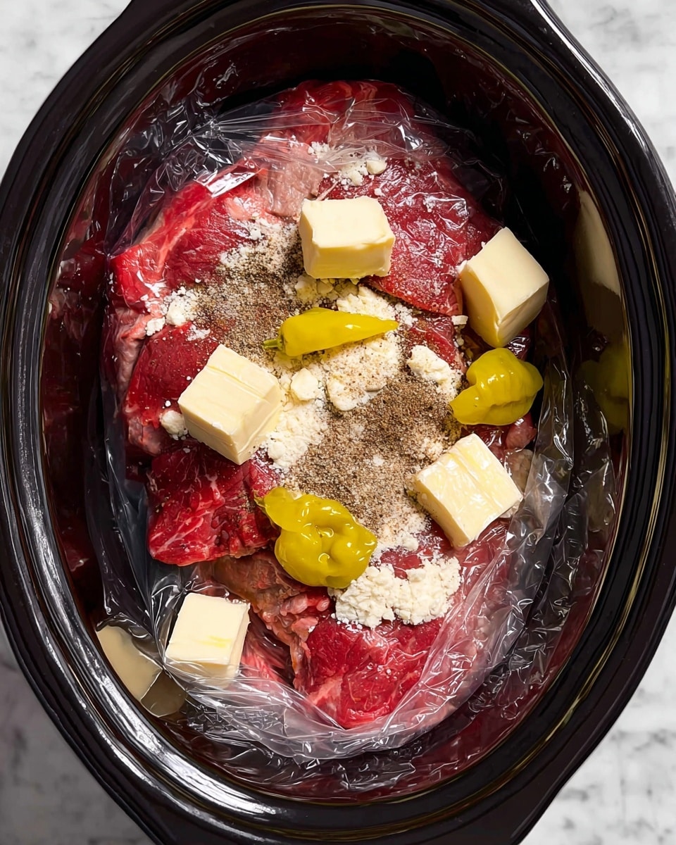 Inside a black slow cooker lined with a clear plastic bag, there is a layer of raw red meat. On top of the meat, there are uneven patches of light brown powdered seasoning and several small pale yellow cubes of butter. Scattered among the butter pieces are bright yellow whole pepperoncini peppers, adding a pop of color. The inside of the slow cooker contrasts with the shiny, textured plastic lining. The scene is set against a white marbled surface photo taken with an iphone --ar 4:5 --v 7