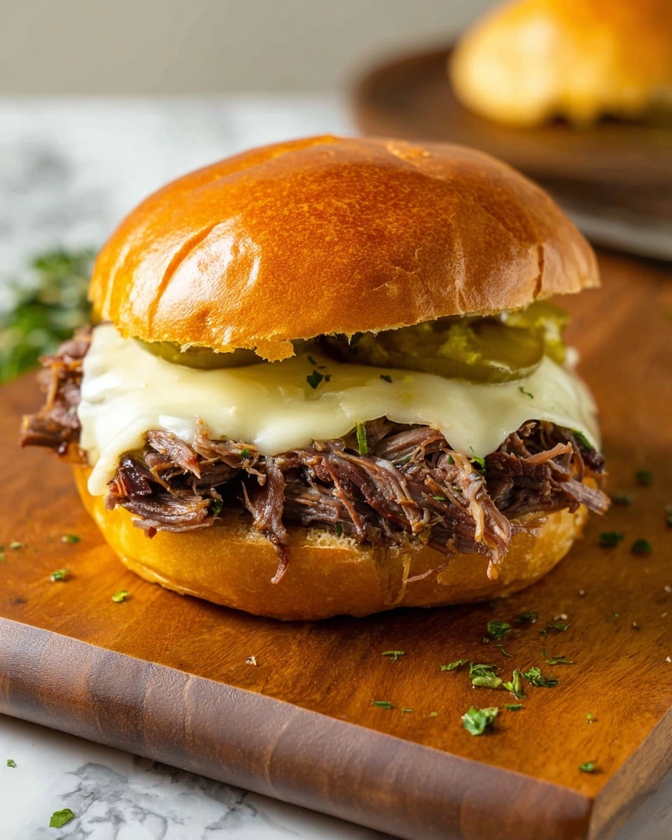 A close-up of a sandwich on a shiny soft golden-brown bun, with three main layers inside; the bottom layer is dark, shredded meat with a slightly moist look and a few small green herbs mixed in, the middle layer is smooth, pale white melted cheese that covers the meat gently, and the top layer is light green, slightly wrinkled pepper slices peeking out from under the cheese. The sandwich sits on a wooden board with a few small green herb bits around it, and the background shows a white marbled texture. Photo taken with an iphone --ar 4:5 --v 7