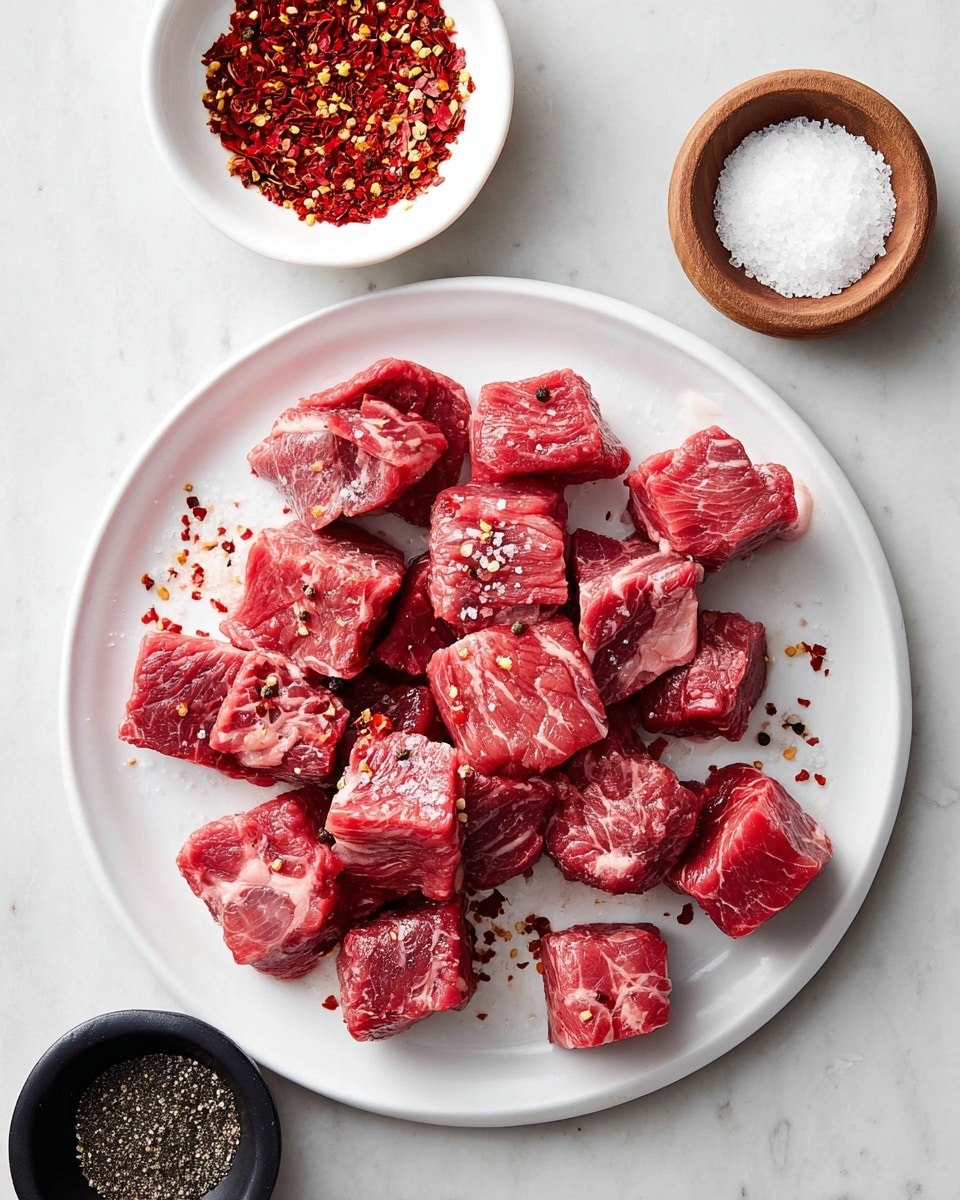 The image shows a white plate filled with about twenty pieces of raw red meat cubes scattered evenly. The meat has a fresh, marbled texture with white fat streaks in the red flesh. The cubes are sprinkled with coarse salt, cracked black pepper, and small red chili flakes, adding color contrast on top of the meat. Above the plate is a small white bowl containing more red chili flakes. Below the plate, a black bowl contains cracked black pepper, and a wooden bowl holds coarse salt. The whole scene is set on a white marbled surface with soft, natural lighting. Photo taken with an iphone --ar 4:5 --v 7