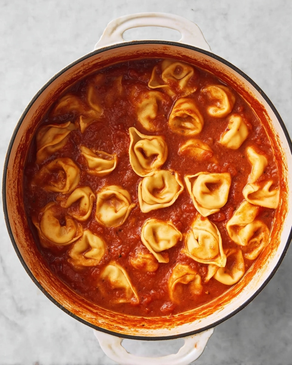 A white pot filled with tortellini pasta in a thick red tomato sauce. The tortellini are light yellow with curved, folded shapes, floating evenly throughout the rich, slightly chunky red sauce. The sauce coats the edge of the pot, showing a bit of texture and darker spots where it has cooked. The pot rests on a white marbled surface. Photo taken with an iphone --ar 4:5 --v 7