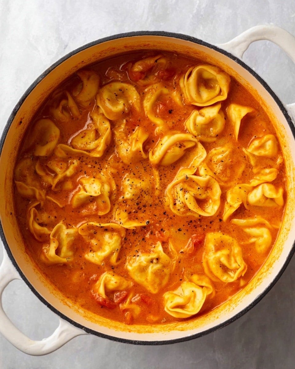 A white pot filled with cooked tortellini pasta covered in a thick, orange-red tomato sauce with small pieces of tomatoes and black pepper sprinkled evenly. The tortellini are soft and well coated by the sauce, floating in the warm liquid. The pot has a white handle and is placed on a white marbled surface. photo taken with an iphone --ar 4:5 --v 7