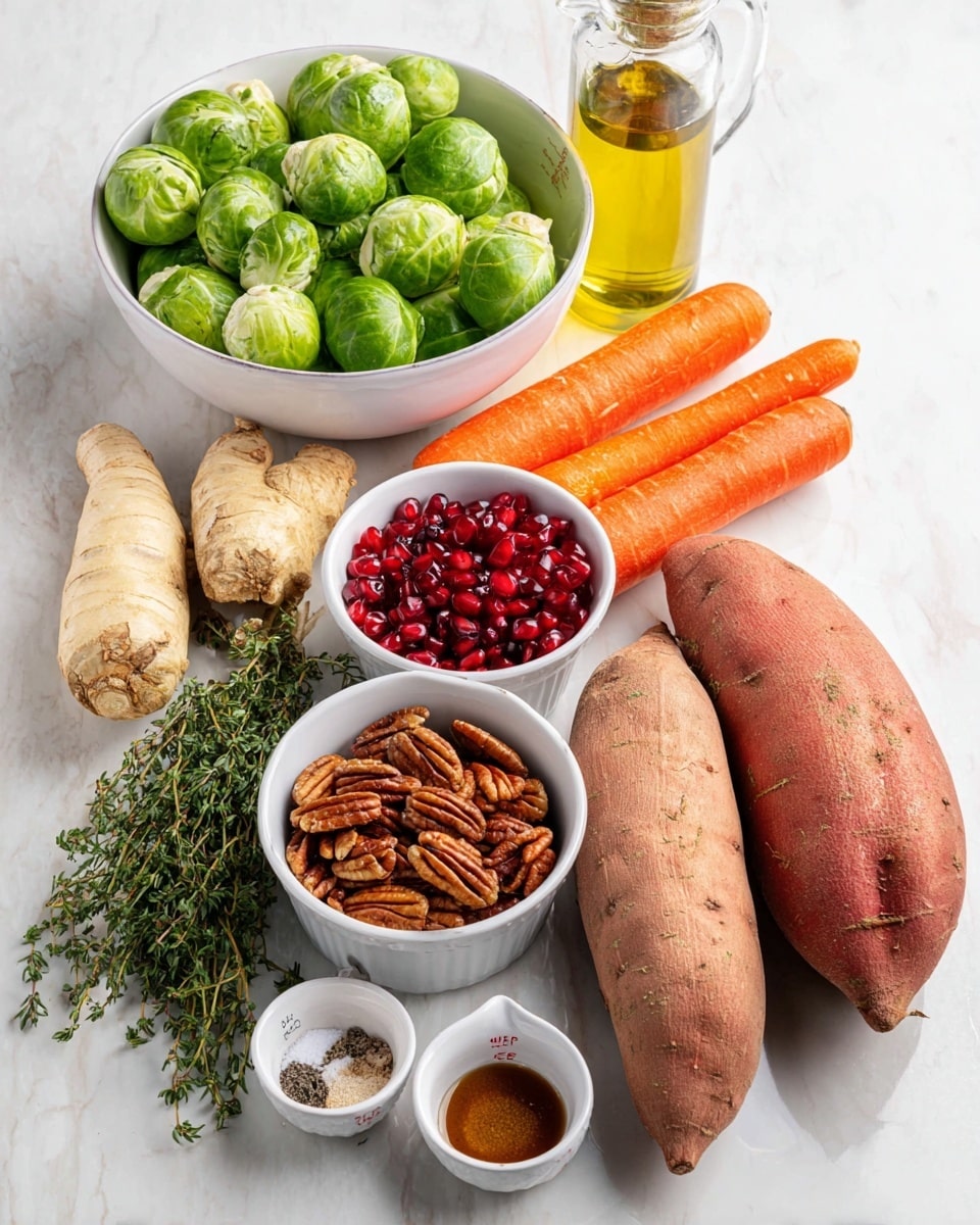 The image shows a variety of fresh ingredients arranged on a white marbled surface. On the left, there is a white bowl full of green Brussels sprouts. Around it are two large orange carrots and two pale parsnips with rough textures. Near the front, there is a bunch of fresh green thyme. In the center, a white bowl holds pecans with a brown, wrinkled texture. Next to it is a smaller white bowl filled with bright red pomegranate seeds. Two large, rough-skinned sweet potatoes are on the right side. Behind the vegetables, there is a small glass bottle with pale yellow oil and a clear measuring cup containing dark brown liquid. In the foreground, a small white bowl contains four spices separated clearly: salt (white), black pepper (black), garlic powder (light beige), and paprika (red). The overall look is clean and bright. photo taken with an iphone --ar 4:5 --v 7