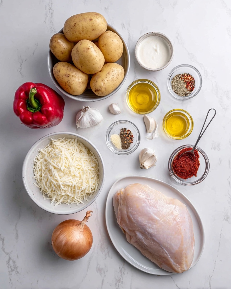 The image shows several raw cooking ingredients neatly placed on a white marbled surface. At the bottom right, there is a white bowl holding a single large piece of raw light pink chicken. To its left, there is a smaller white bowl filled with shredded white cheese. Above this, a clear glass bowl contains five medium-sized light brown potatoes. Scattered around these are small clear bowls and glass containers holding different items: a small white bowl with grated parmesan cheese, a small clear bowl with mixed red and green spices, another with salt and pepper, and two small glass bowls holding golden olive oil and white cream. A whole yellow onion, two garlic cloves, a whole red bell pepper, and a small metal scoop filled with red paste complete the scene. The photo taken with an iphone --ar 4:5 --v 7