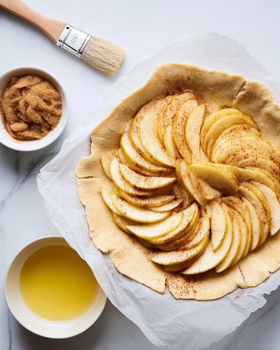 A close-up view of a rustic open pie on a round white plate lined with parchment paper. The pie has a thick, light brown dough crust with an uneven edge. Inside the crust, a single layer of peeled, thinly sliced apple pieces is arranged in a circular pattern, overlapping each other slightly, and sprinkled with light brown cinnamon powder. To the left of the plate, there is a small white bowl filled with brown sugar crystals and a wooden brush with white bristles resting on the white marbled surface. Below the bowl, another small white bowl contains melted butter, showing a smooth yellow liquid. The whole scene is set on a clean white marbled background. photo taken with an iphone --ar 4:5 --v 7
