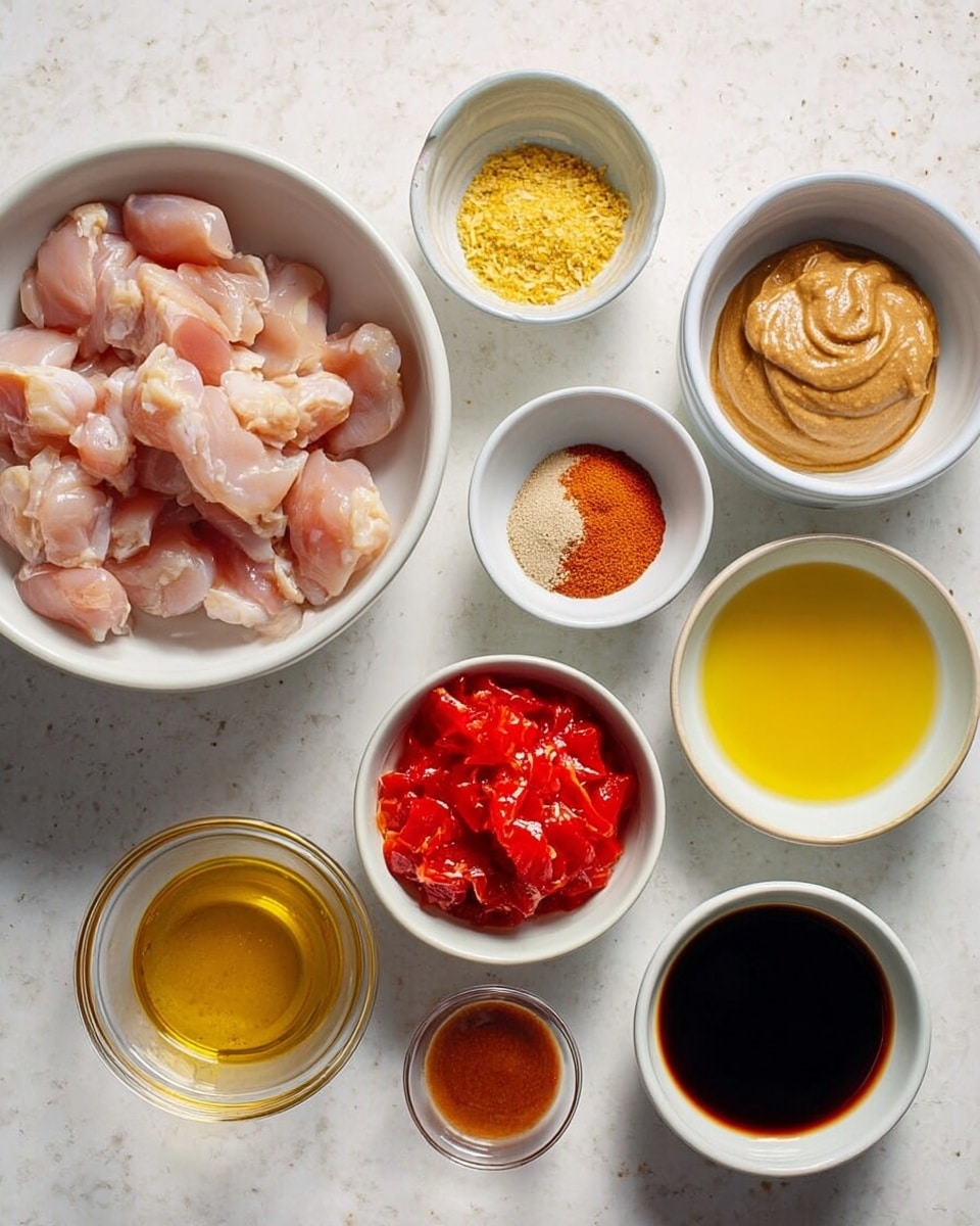 The image shows nine white bowls and cups arranged over a white marbled surface. The largest bowl on the left holds raw light pink chicken pieces. Next to it are small bowls containing finely grated yellow zest, a mix of brown and orange spices, creamy light brown peanut butter, bright red crushed tomatoes, dark thick soy sauce, light yellow juice, a small bowl with amber liquid, and another small bowl with a bit of golden honey. All containers are neatly placed, each with a distinct color and texture visible inside. Photo taken with an iphone --ar 4:5 --v 7