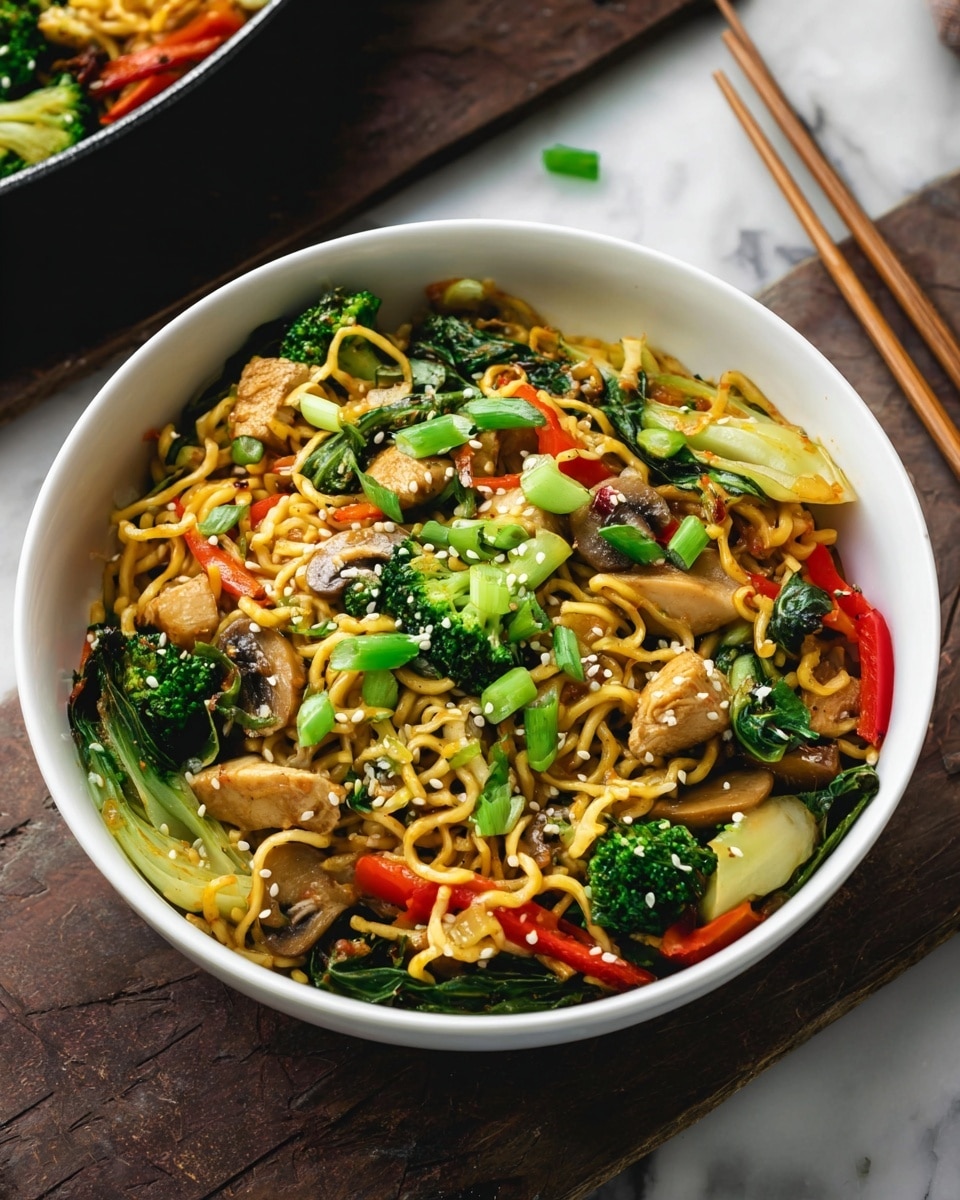 A bowl filled with stir-fried noodles mixed with bright green broccoli florets, baby bok choy leaves, chunks of light brown chicken, red bell pepper strips, sliced mushrooms, and thin orange carrot sticks, all tossed together with a glossy sauce. The noodles are pale yellow, curly, and spread evenly throughout the bowl. The dish is topped with white sesame seeds and thinly sliced green onions scattered on top. The bowl is white, placed on a white marbled surface with wooden chopsticks resting nearby. Photo taken with an iphone --ar 4:5 --v 7