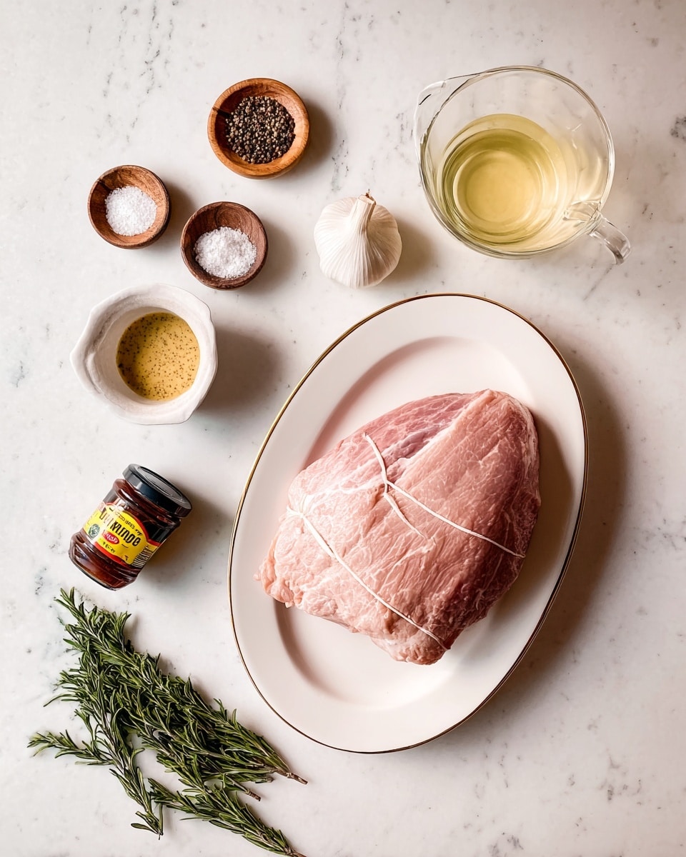 A large raw piece of meat with a pinkish color and visible fat layer with a crosshatch pattern lies centered on a white oval plate with a thin gold rim. To the right of the plate is a clear glass cup filled with a light yellow liquid. Below the cup is a whole garlic bulb, white in color. Next to the garlic and slightly to the left is a small white bowl holding a coarse mustard sauce. Above it are two small round wooden dishes, one with coarse black pepper and the other with coarse white salt. At the bottom left of the image are fresh green sprigs of rosemary. A small dark brown jar with a yellow lid labeled Marmite sits below the mustard bowl. Everything is arranged neatly on a white marbled surface photo taken with an iphone --ar 4:5 --v 7
