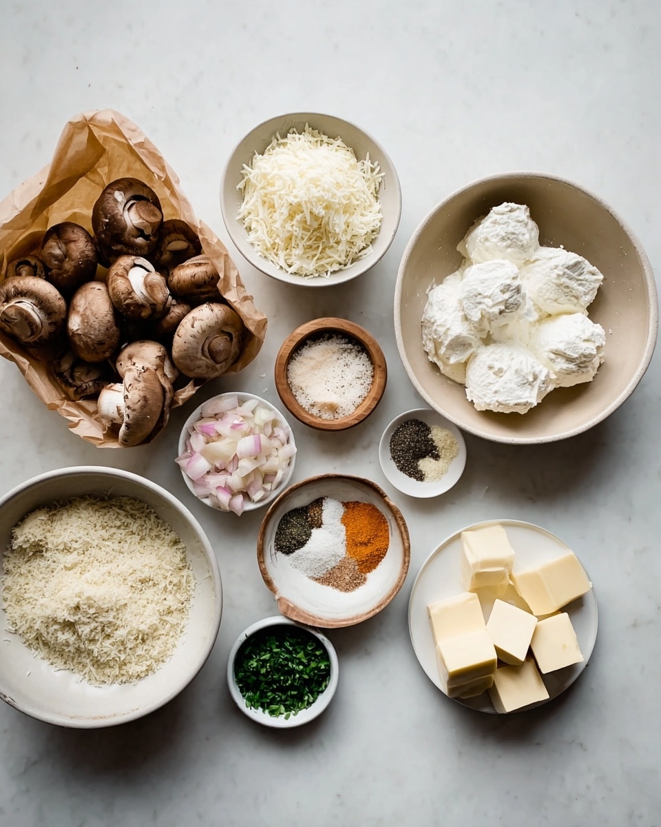 A group of ingredients is arranged on a white marbled surface. On the far left, there are whole brown mushrooms partly inside a brown paper bag. Next, there is a small white bowl filled with grated white cheese. To the right, a white bowl holds small pieces of chopped onions with a pale pink color. In the center, a beige bowl contains several large dollops of thick white cream cheese. Above this bowl, a small wooden bowl is filled with minced garlic that has a light yellow tone. Below that, a small white bowl holds chopped green herbs. To the right, a small white plate has a few cubes of pale yellow butter. Next to the butter, a white bowl is full of coarse light beige breadcrumbs. Above it, a small white plate holds a mix of seasonings, including orange, black, and white powders arranged in small piles. photo taken with an iphone --ar 4:5 --v 7