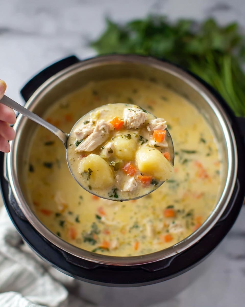 The image shows a ladle full of creamy soup lifted above a pot; the soup contains several light yellow gnocchi pieces, small light beige chunks of chicken, and bright orange carrot pieces in a thick pale yellow broth. The soup pot is black with a silver inside and sits on a white marbled surface. There is a green leafy bunch blurred in the background. Woman's hand is holding the ladle. photo taken with an iphone --ar 4:5 --v 7