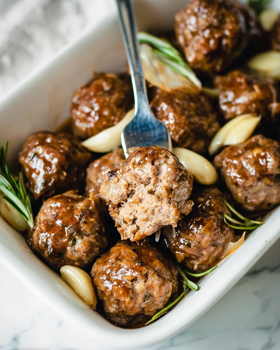 The image shows a white rectangular dish filled with about twelve round, brown meatballs that have a shiny, glazed surface. Inside one meatball, which is broken open on a silver fork, the texture is coarse and mixed with small bits of vegetables or herbs, visible in a light brown shade. Around the meatballs, there are cloves of cooked garlic that are pale and soft, along with some sprigs of fresh rosemary adding green color and texture. The dish sits on a white marbled surface. photo taken with an iphone --ar 4:5 --v 7