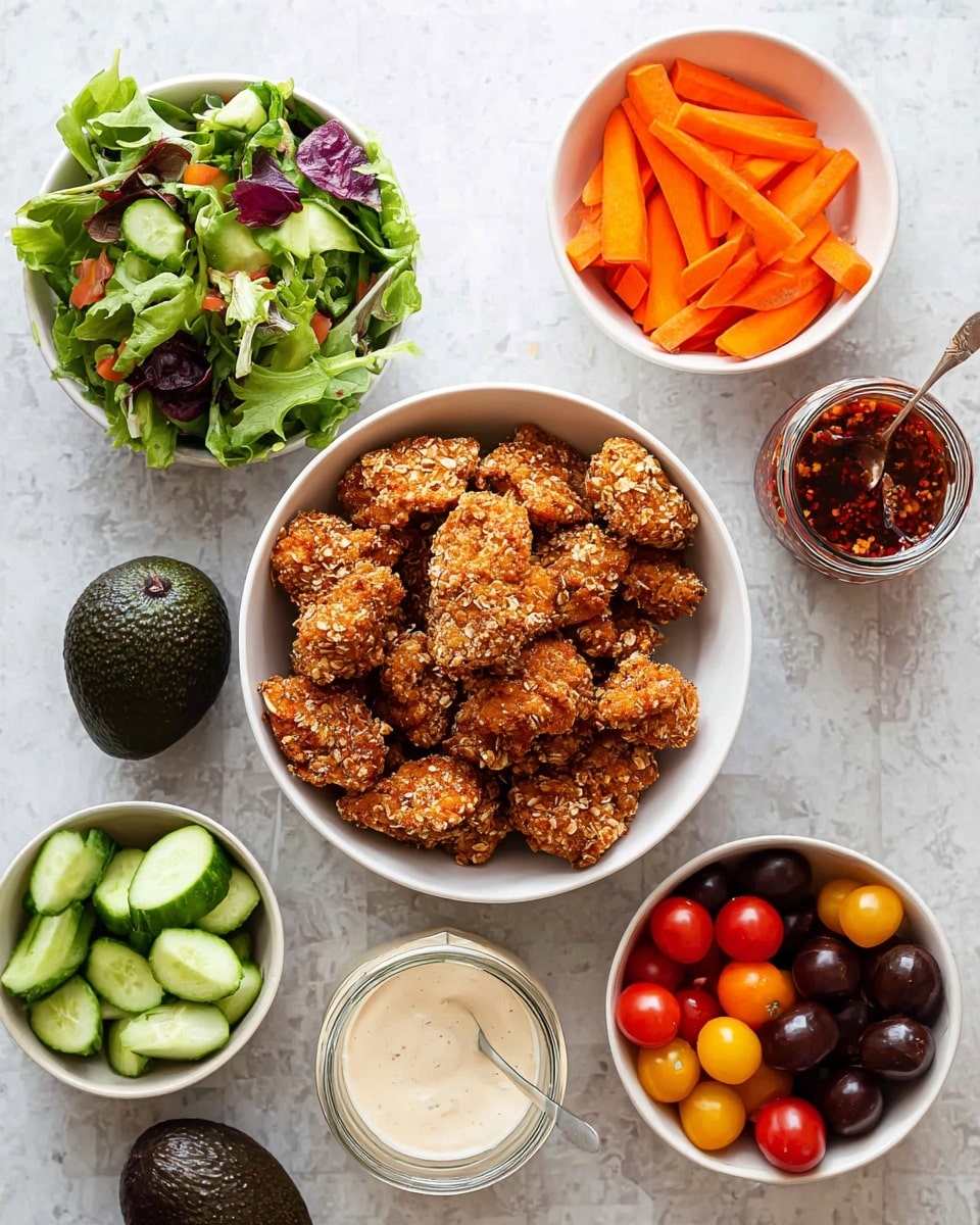 A white bowl filled with a large pile of crispy, golden brown chicken pieces coated with a crunchy-looking breadcrumb and oat texture sits in the center on a white marbled surface. Surrounding it are five smaller white bowls: one holding bright orange carrot slices, one with mixed green and purple leafy salad, one with green cucumber slices, and one with colorful cherry tomatoes in red, yellow, and dark purple shades. There is also a small glass jar of creamy white sauce with a spoon inside it, and a clear glass jar filled with a dark reddish-brown sauce that has visible chili flakes. Two whole dark green avocados rest on the surface near the bowls. photo taken with an iphone --ar 4:5 --v 7
