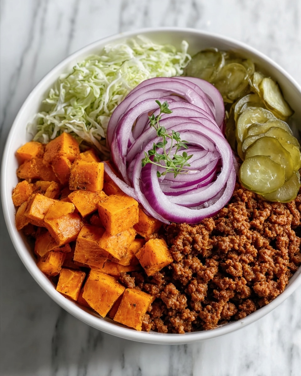 A white bowl filled with a colorful dish made of five main parts laid out side by side inside. Starting from the bottom left, there are bright orange cubes with a slightly shiny surface, looking soft and cooked. Above them, thin, round slices of red onion with a pale purple color, topped with a small sprig of green herbs. Next to the onions, there is a small pile of finely shredded pale green cabbage. To the right of the cabbage, light green, round pickle slices stacked loosely. The last section, on the bottom right, has a large amount of crumbly brown cooked ground meat spread out neatly. The bowl is set on a white marbled surface. Photo taken with an iphone --ar 4:5 --v 7