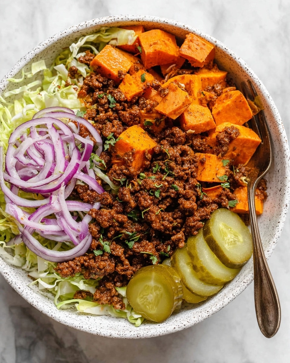 A white speckled bowl filled with five main layers: at the bottom, a layer of thinly shredded light green cabbage mixed with thin slices of purple onions, topped generously with a rich brown cooked ground meat layer that looks soft and well seasoned, scattered with small pieces of green herbs. On top and around the meat, there are bright orange sweet potato cubes, looking tender and slightly roasted. At the edge of the bowl, several light green pickle slices add contrast. A bronze spoon is partially visible resting inside the bowl. The whole setup is placed on a white marbled surface. photo taken with an iphone --ar 4:5 --v 7