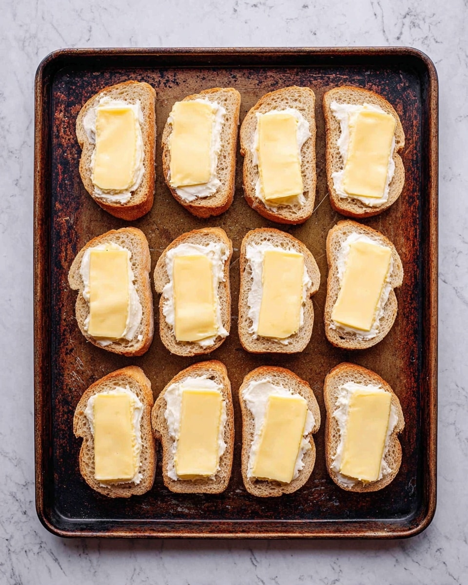 The image shows twelve slices of light brown bread laid out in a 3 by 4 grid on a dark, worn baking tray with a rusty texture. Each bread slice has a single thick layer of soft, pale yellow cheese with a smooth, slightly shiny surface and a white rind around the edges. The cheese is placed in the center on top of the bread, covering most of the surface. The tray rests on a white marbled surface, creating a clean and simple background. Photo taken with an iphone --ar 4:5 --v 7
