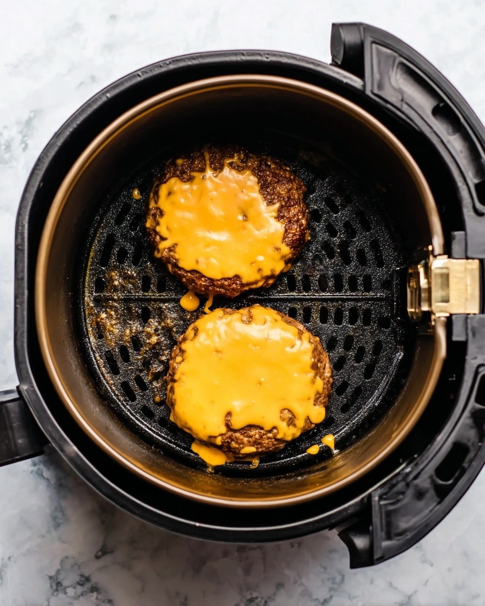 Inside a black air fryer basket with a perforated bottom, there are two cooked hamburger patties side by side. Each patty is topped with melted orange cheese that drips slightly over the edges, creating some thin, uneven strands on the black basket surface. The air fryer itself is circular with a black rim and some metallic parts visible on the right side. The whole setup sits on a white marbled texture surface photo taken with an iphone --ar 4:5 --v 7