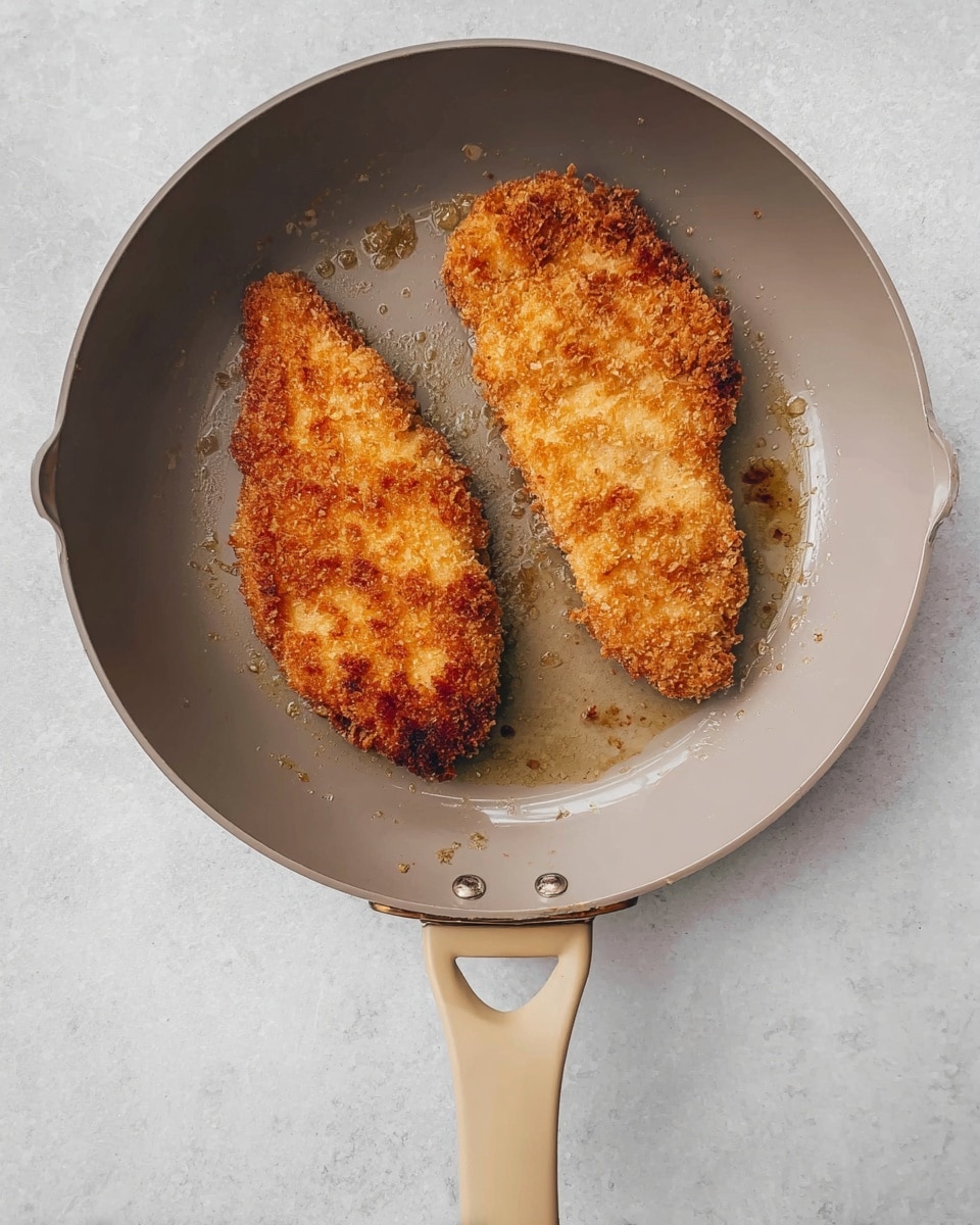 Two breaded pieces of fried chicken with a golden-brown crispy texture lie flat inside a light gray frying pan with a beige handle. The surface of the pan shows small droplets of cooking oil and a few browned bits around the chicken. The background is a white marbled texture. photo taken with an iphone --ar 4:5 --v 7