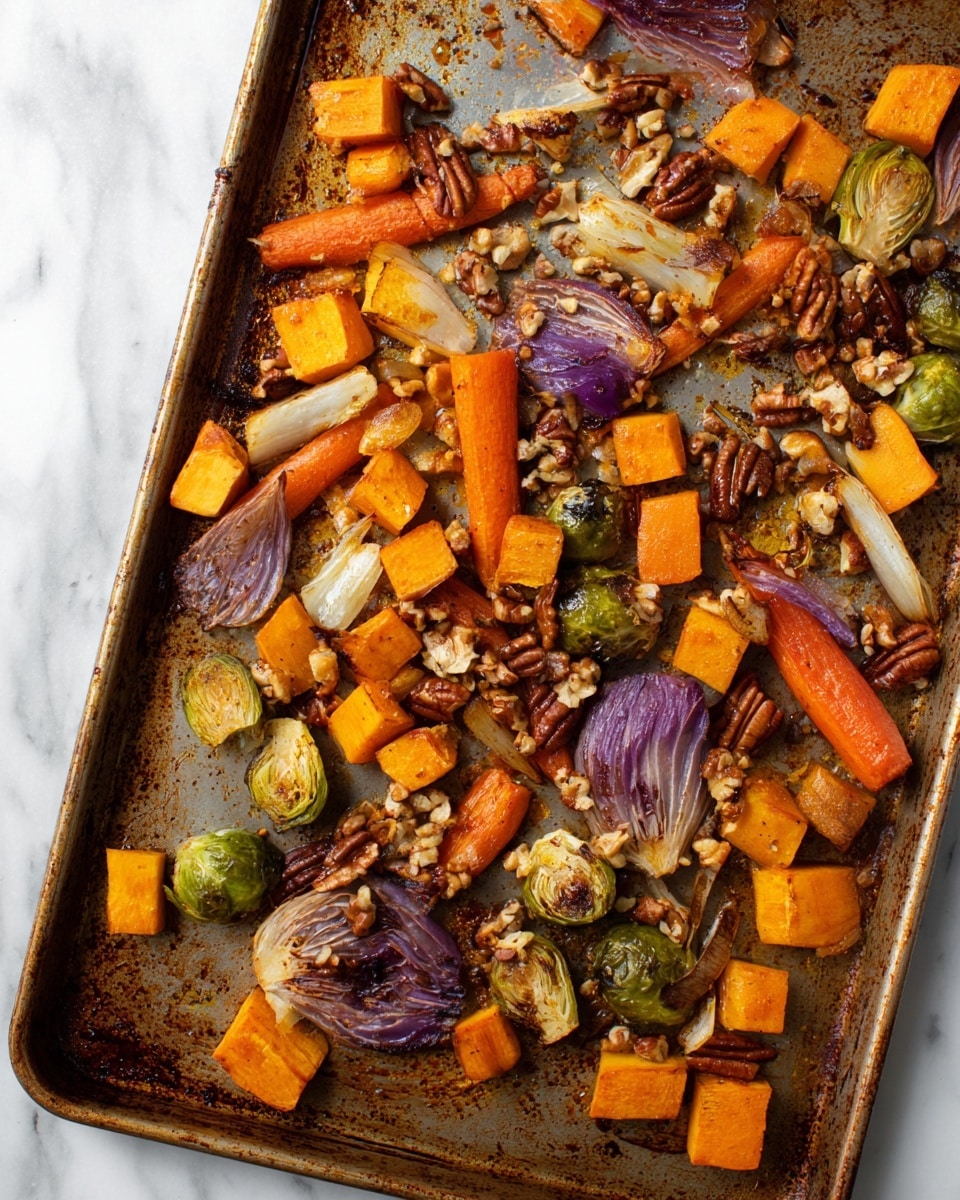The image shows a baking pan with roasted vegetables and nuts spread out unevenly. The vegetables include orange cubes and chunks of butternut squash, bright orange carrot sticks, browned Brussels sprouts, light tan parsnip sticks, and purple-red quartered onions with a shiny, cooked texture. Small pieces of chopped pecans are scattered on top, adding a crunchy texture with their brown color and rough surface. The pan has spots of seasoning and oil stains, showing a rustic cooked look. The whole scene is set against a white marbled surface. photo taken with an iphone --ar 4:5 --v 7