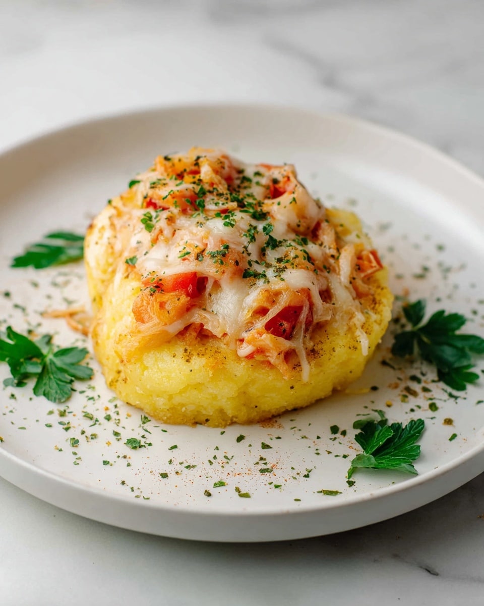 The dish shows one round fluffy yellow base layer with a soft texture, topped with a mixture of diced red and orange pieces and melted white cheese that has light brown spots from baking. Green herb flakes are sprinkled on top and around the dish, placed on a clean white plate with some green leaves as garnish. The overall look is warm and inviting, set on a white marbled surface. photo taken with an iphone --ar 4:5 --v 7