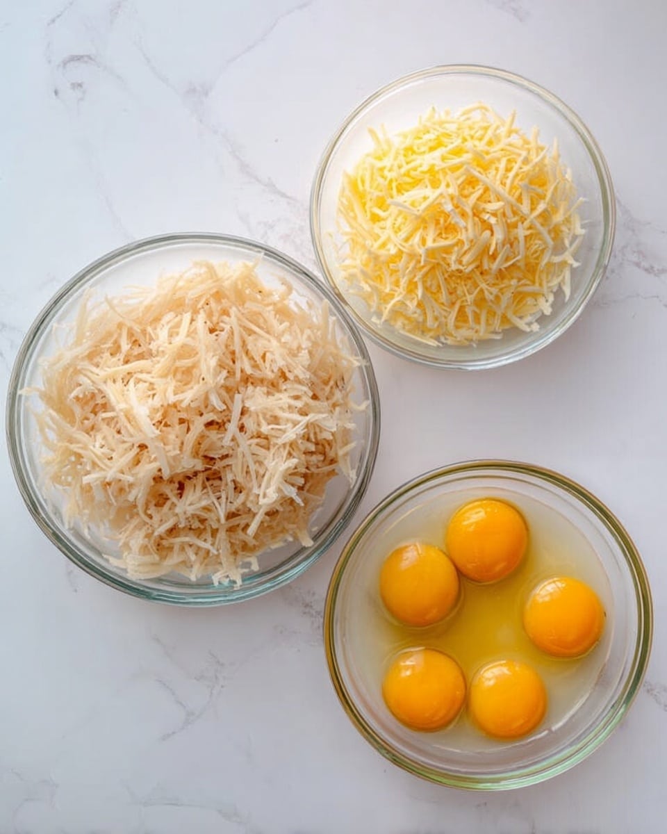 The image shows three clear glass bowls placed on a white marbled surface. The largest bowl on the left contains light beige shredded potatoes with a slightly rough texture, filling most of the bowl. The smaller bowl at the top holds finely shredded yellow cheese with some white strands mixed in, forming a small mound. The medium bowl on the right contains six raw egg yolks surrounded by translucent egg whites, with the bright yellow yolks visibly round and shiny. Photo taken with an iphone --ar 4:5 --v 7