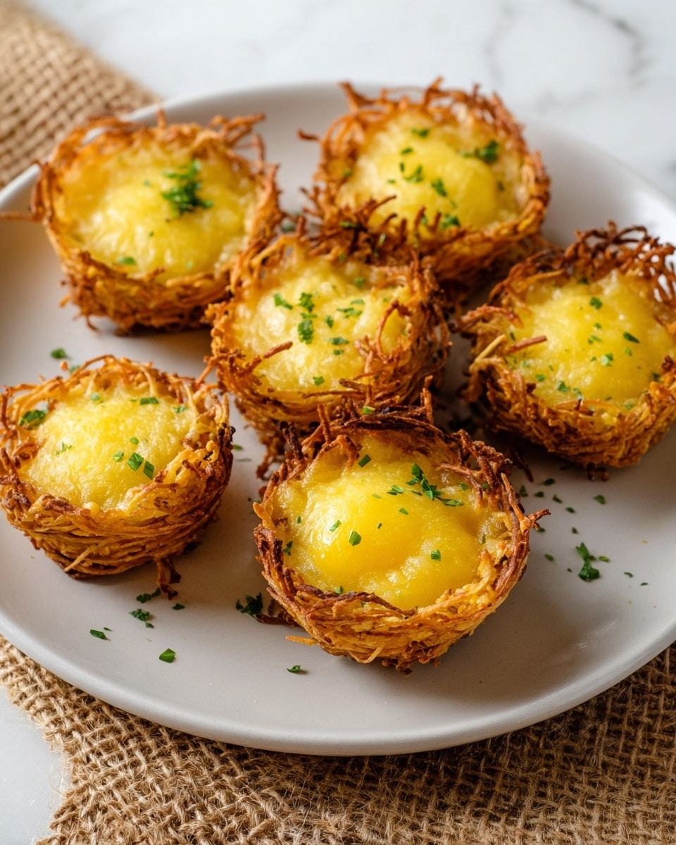 The image shows six small round nests made from thin golden-brown crispy strands, each filled with a smooth, melted yellow cheese layer on top. The nests are arranged on a round white plate, sprinkled lightly with small green herb pieces. The plate sits on a textured brown burlap fabric placed over a white marbled surface. The lighting highlights the crunchy texture of the nests and the shiny melted cheese tops. photo taken with an iphone --ar 4:5 --v 7