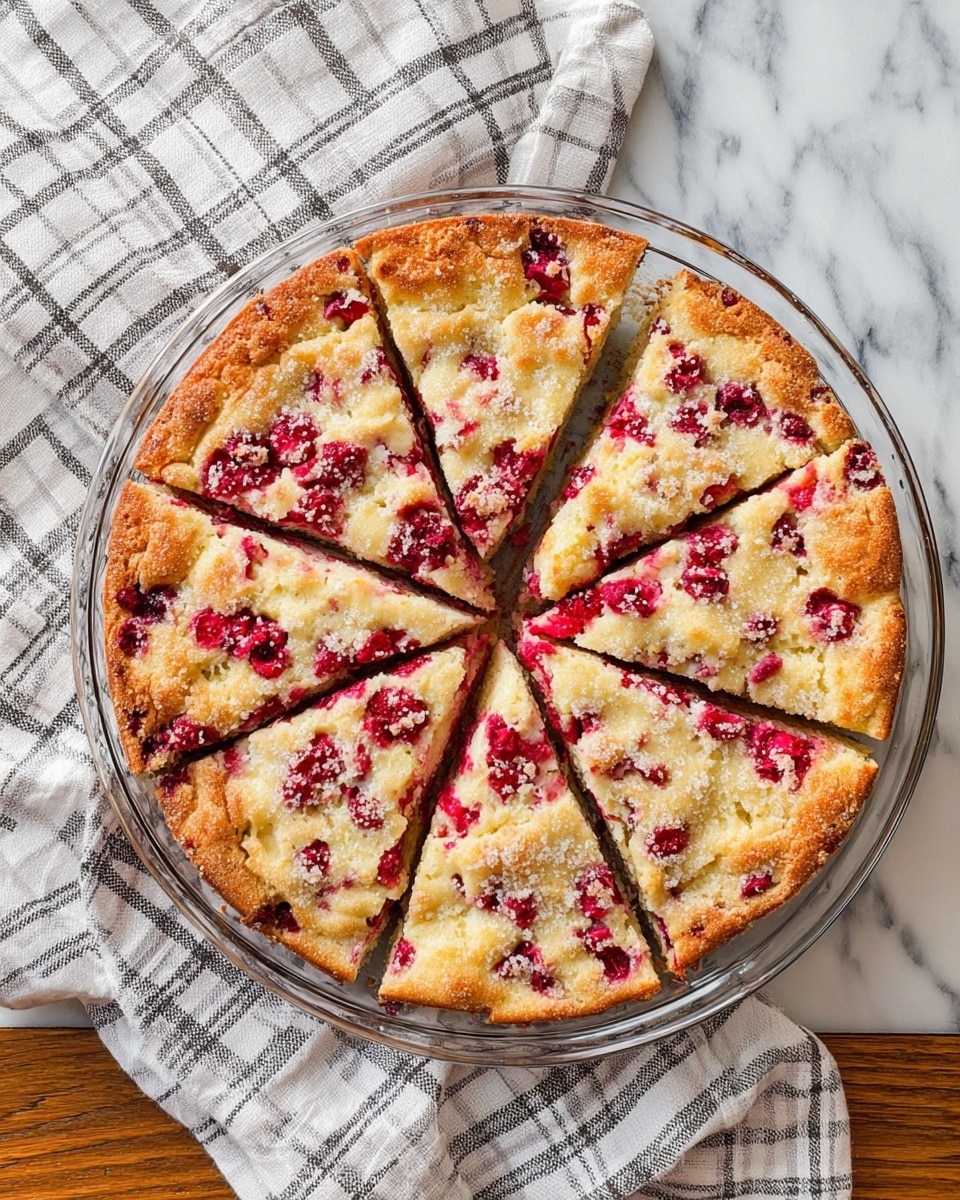 A round baked dish with a golden-brown top layer showing a slightly cracked and crumbly texture, filled with bright red berry spots that are mixed evenly throughout. The dish is cut into eight triangular slices, each slice revealing a soft, pale inside with red berry pieces visible. The dish is in a clear glass round pan sitting on a white marbled surface, with a white and gray checkered cloth partially underneath it. The overall color contrast is warm with red and golden hues on a clear pan. photo taken with an iphone --ar 4:5 --v 7