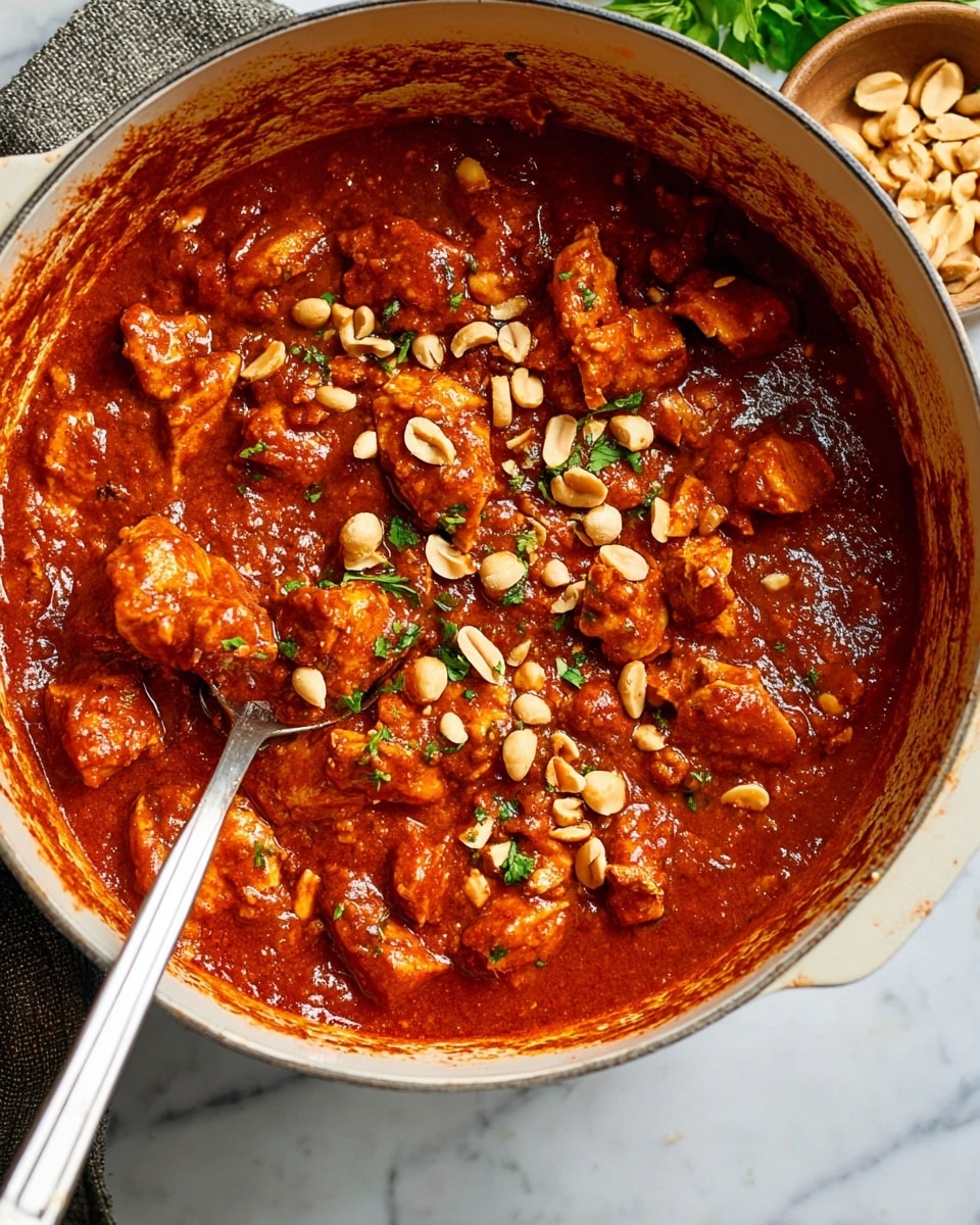 The image shows a close-up of a white pot filled with a thick, rich red-brown sauce that has a smooth yet chunky texture. Inside the sauce, there are many pieces of cooked chicken in medium-sized chunks, coated and simmered well. Scattered on top are whole light tan peanuts and small bits of chopped green herbs, adding a fresh color contrast. A metal spoon with a long handle rests on the left side inside the pot, partially covered in the sauce. The pot sits on a white marbled surface with a bowl of peanuts and some green leafy herbs visible at the top right edge of the image, partially blurred. photo taken with an iphone --ar 4:5 --v 7