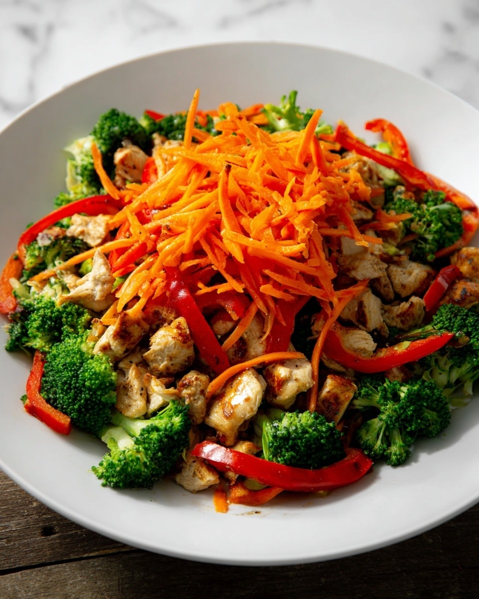 A white plate holds a colorful layered dish starting with the bottom layer of light brown grilled chicken pieces, topped with bright green broccoli florets scattered evenly. Above the broccoli, there are vibrant red bell pepper strips placed loosely around and mixed in. The top layer is a generous pile of thin, shredded orange carrots adding a fresh and crisp texture. The plate sits on a white marbled surface, and the photo is taken with an iphone --ar 4:5 --v 7