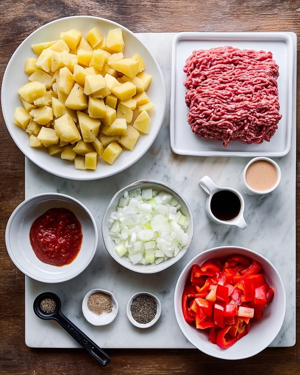 The image shows several white dishes and small containers on a white marbled surface, each holding different ingredients. In the upper left, a large white plate is filled with chopped yellow potatoes. To the right, a white tray holds a layer of raw ground meat with a pink and red color and a stringy texture stacked neatly. Above the meat, there are two small white cups; one contains red and beige sauces side by side, and the other has a dark liquid. In the right corner, a small white bowl contains chopped white onions, while to the left of it is a larger white bowl with chunks of red bell pepper. Near the bottom center, a small white bowl is divided into four parts containing black pepper, white salt, beige powder, and red spices. Below this bowl, there is a small black measuring spoon filled with finely chopped garlic. The whole setup is clean and arranged carefully. photo taken with an iphone --ar 4:5 --v 7