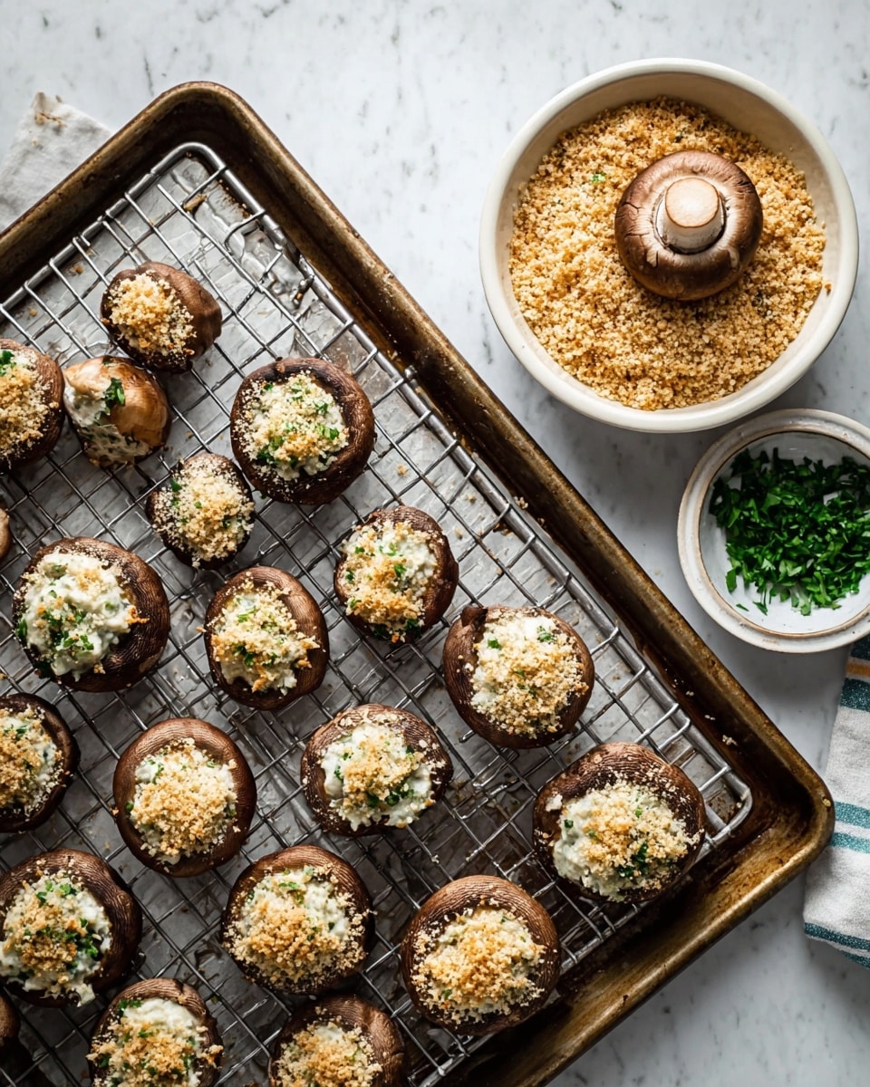 A baking tray with a metal rack holds 16 round brown mushrooms, each filled with a creamy white filling mixed with green herbs; three mushrooms near the bottom left have an added layer of golden brown breadcrumbs on top of the filling. Above the tray, there is a round bowl with mixed toasted golden breadcrumbs and a single plain mushroom on top. To the upper right of the bowl, there is a small white bowl containing finely chopped green herbs. The scene is set on a white marbled surface. photo taken with an iphone --ar 4:5 --v 7