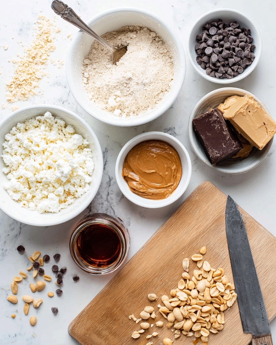 The image shows a flat lay of baking ingredients arranged on a white marbled surface. There are five white bowls: one filled with crumbled white cheese, one large bowl of light brown flour with a metal spoon, one small bowl of smooth caramel-colored nut butter, one bowl holding two blocks of brown paste soaking in dark liquid, and one bowl with dark chocolate chips. A small glass jar filled with dark amber syrup sits beside the bowls. In the bottom right corner, a wooden cutting board holds roughly chopped peanuts with a large knife placed diagonally on top. Scattered peanut pieces and a few chocolate chips are spread around the boards and bowls. The photo is taken with an iphone --ar 4:5 --v 7