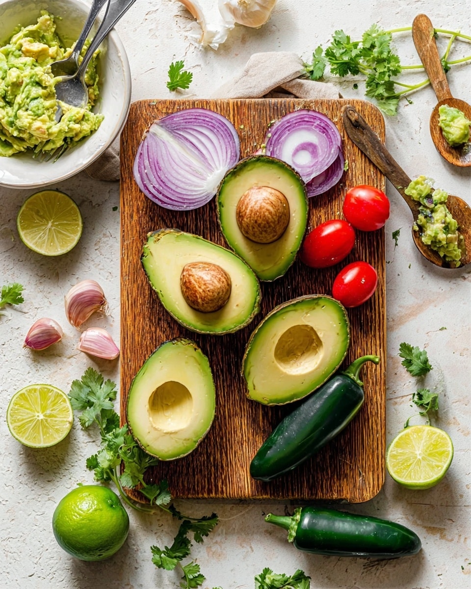 The image shows a wooden cutting board with four halved avocados, two with brown seeds and two without, their green flesh smooth and fresh. Near the top left corner is a halved purple onion with clear white layers, and below it are several cloves of garlic with pale pink skins. Bright red cherry tomatoes are scattered along the right side of the board along with two whole dark green jalapeño peppers. A halved lime with a bright green rind and juicy light green flesh is on the bottom left of the board, and more lime halves lie around the board. Fresh sprigs of green cilantro surround the cutting board, resting on a white marbled surface. A white bowl with mashed avocado and a silver fork inside sits on the top left with a halved avocado shell beside it. A spoon with avocado smears rests on the top right corner of the board. The scene is lit brightly showing fresh and colorful ingredients photo taken with an iphone --ar 4:5 --v 7
