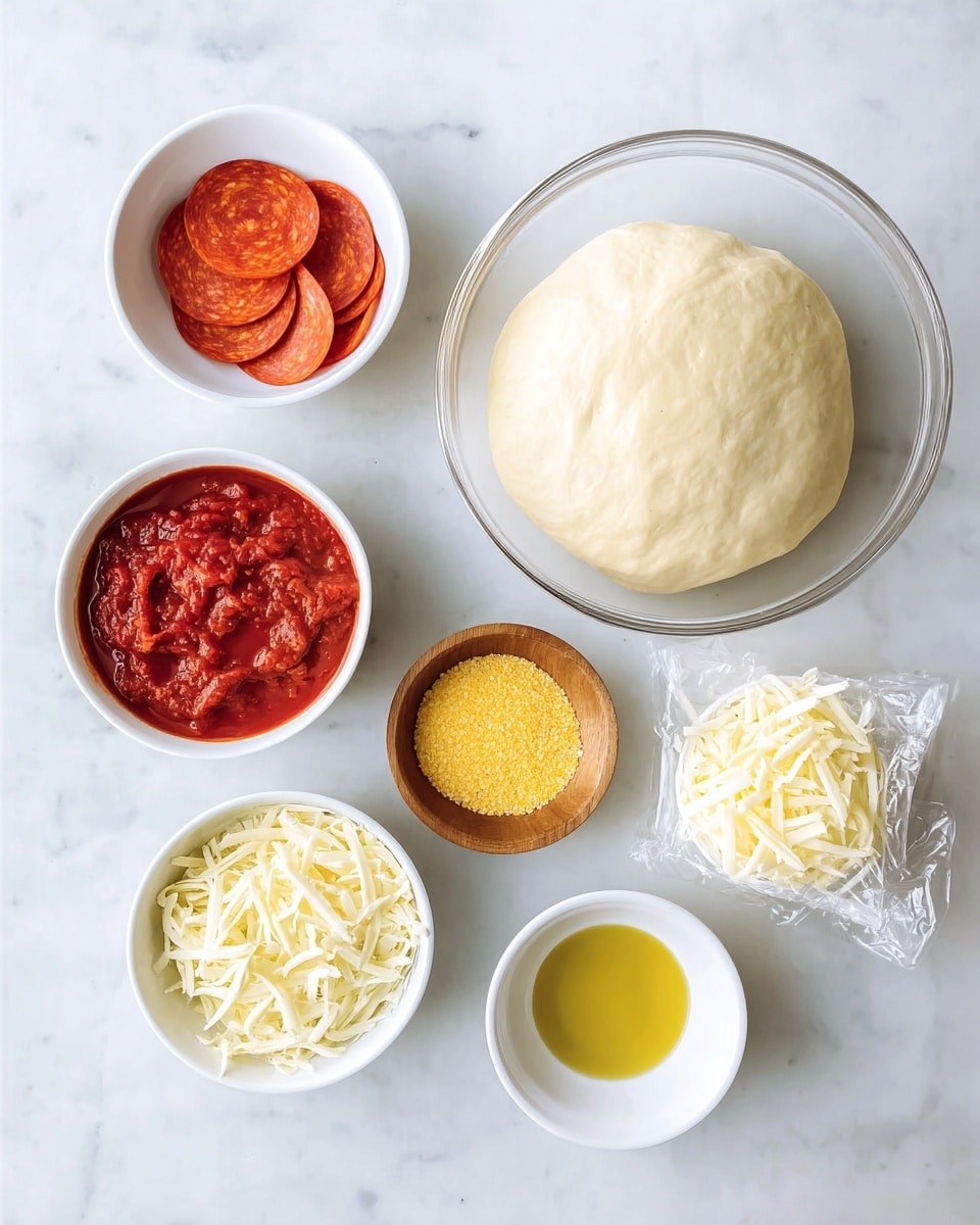 The image shows six bowls arranged on a white marbled surface. At the top right, there is a large clear glass bowl filled with pale, smooth pizza dough. To its left, a white bowl contains several thin, round slices of bright red pepperoni. Below the dough bowl, a white bowl is filled with chunky red tomato sauce. In the center, a small round wooden bowl holds yellow cornmeal. At the bottom right, a white bowl contains a small pool of golden olive oil. At the bottom left, a white bowl is filled with finely shredded white cheese, and next to it, a clear bowl holds slightly thicker shredded pale yellow cheese wrapped partly in clear plastic. All items are neatly spaced out, emphasizing their colors and textures against the white marbled background. Photo taken with an iphone --ar 4:5 --v 7