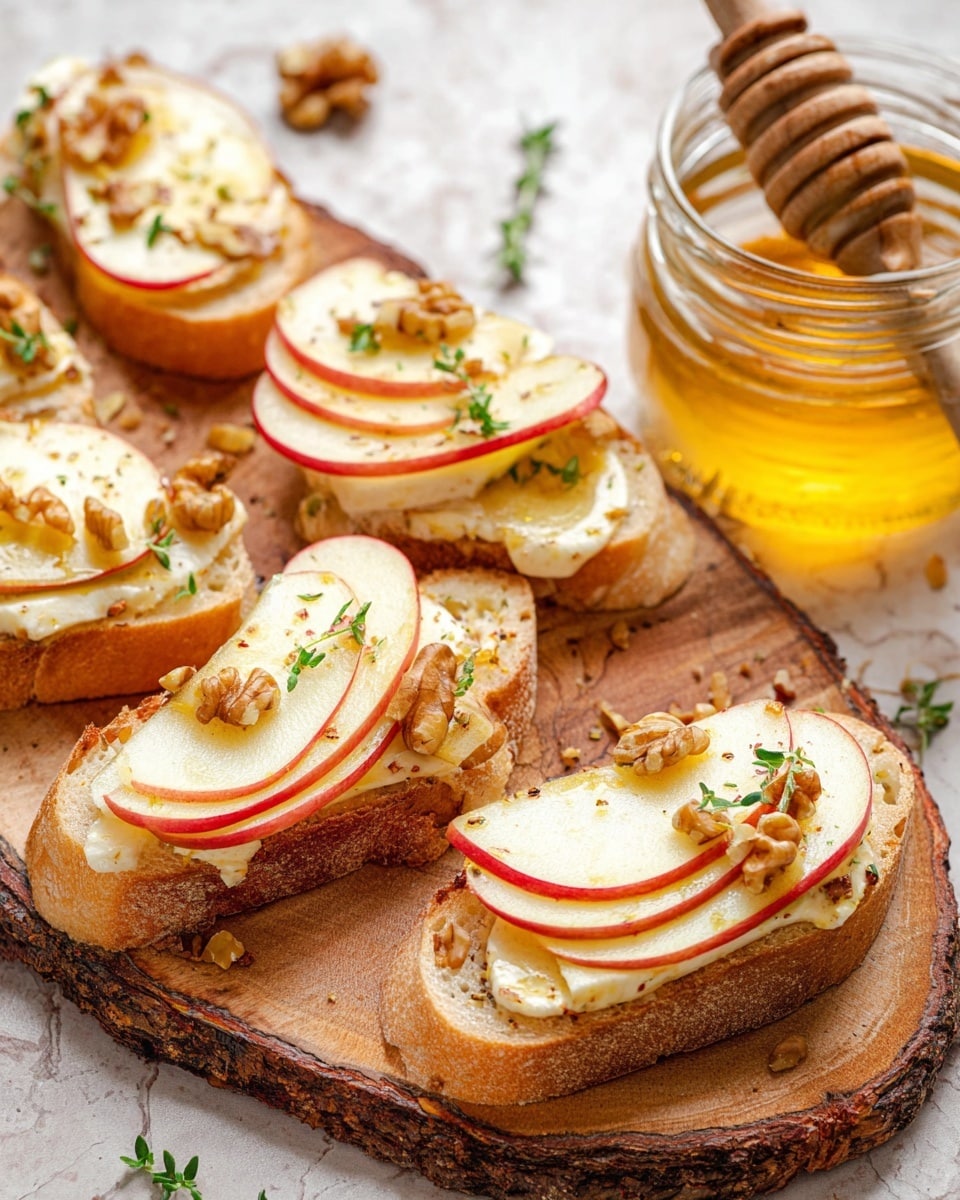 The image shows a wooden board with several pieces of toasted bread arranged in a circle around a glass bowl filled with honey and a wooden honey dipper inside. Each slice of bread has a layer of soft white cheese, topped with thinly sliced apple pieces that have a light yellow color with red edges. Small pieces of chopped walnuts and tiny green herb leaves, possibly thyme, are sprinkled over the apples. A light dusting of brownish spice, likely cinnamon, is visible on top. The background features a white marbled texture. photo taken with an iphone --ar 4:5 --v 7