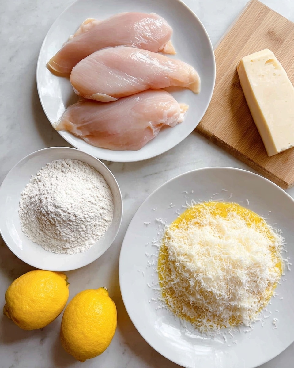 The image shows an overhead view of raw chicken breasts stacked on a white plate on the top left, with three boneless, pale pink pieces slightly overlapping. Below this plate, there is a white plate filled with white flour, smooth in texture and spread evenly. To the right of the flour plate, another white plate holds a mixture of bright yellow beaten eggs covered with a thick layer of finely grated, pale white cheese piled high on top. Surrounding the plates are two whole bright yellow lemons, one near the bottom right and one near the top right next to a block of off-white hard cheese placed on a wooden cutting board. The entire setup is on a white marbled texture surface. Photo taken with an iphone --ar 4:5 --v 7