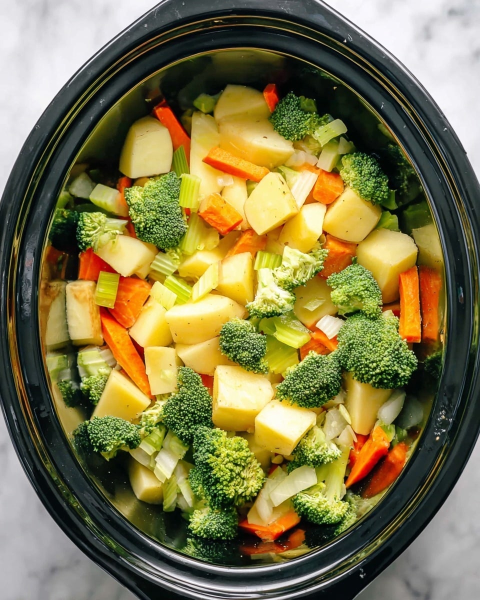 A black slow cooker bowl filled with three main layers of raw vegetables: large chunks of light yellow potatoes, bright green broccoli florets, and thin orange carrot sticks. There are also scattered pieces of white onion and celery among the vegetables. The vegetables are mixed but mostly showing the potatoes on top and broccoli peeking out around the sides, all inside the shiny black cooker bowl which sits on a white marbled surface. photo taken with an iphone --ar 4:5 --v 7