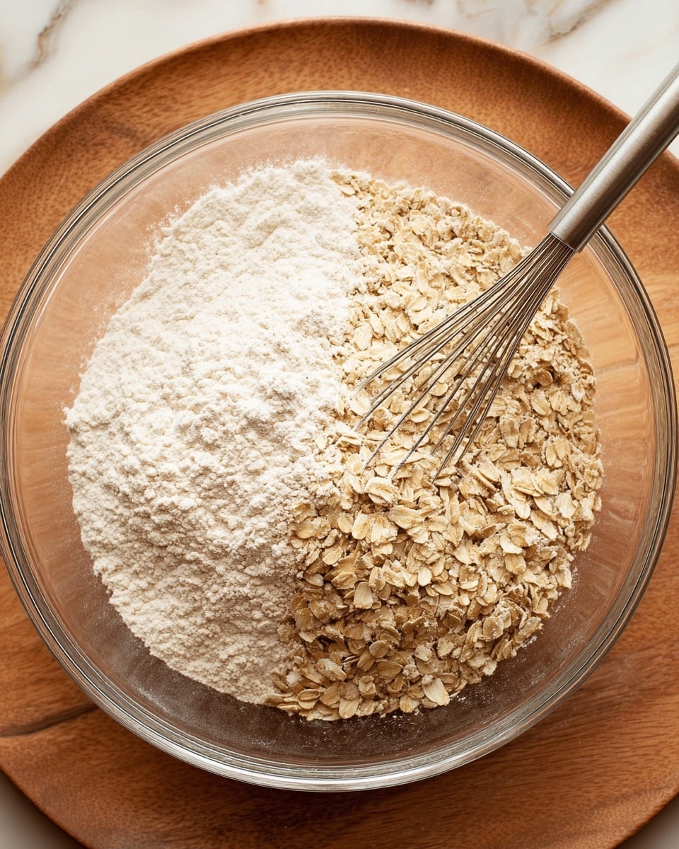 A clear glass bowl holds two layers of dry ingredients: the left side is filled with light beige flour and white baking powder, showing a soft powdery texture, while the right side has light brown rolled oats with a rougher, flaky texture, both resting side by side without mixing. A metal whisk leans inside the bowl, its silver wires resting on the flour layer. The bowl sits on a round wooden surface with a warm tone, but the background is changed to a white marbled texture. photo taken with an iphone --ar 4:5 --v 7