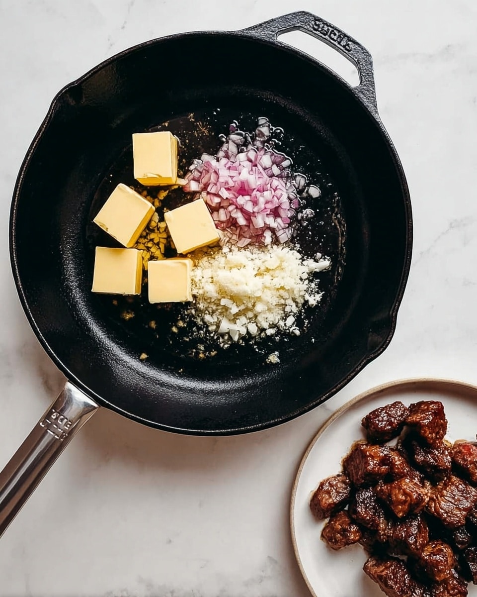 A black cast iron pan on a white marbled surface contains three cubes of yellow butter melting next to small chopped pink shallots and a heap of minced white garlic. Next to the pan on the right side is a white round plate with browned chunks of cooked meat. Photo taken with an iphone --ar 4:5 --v 7