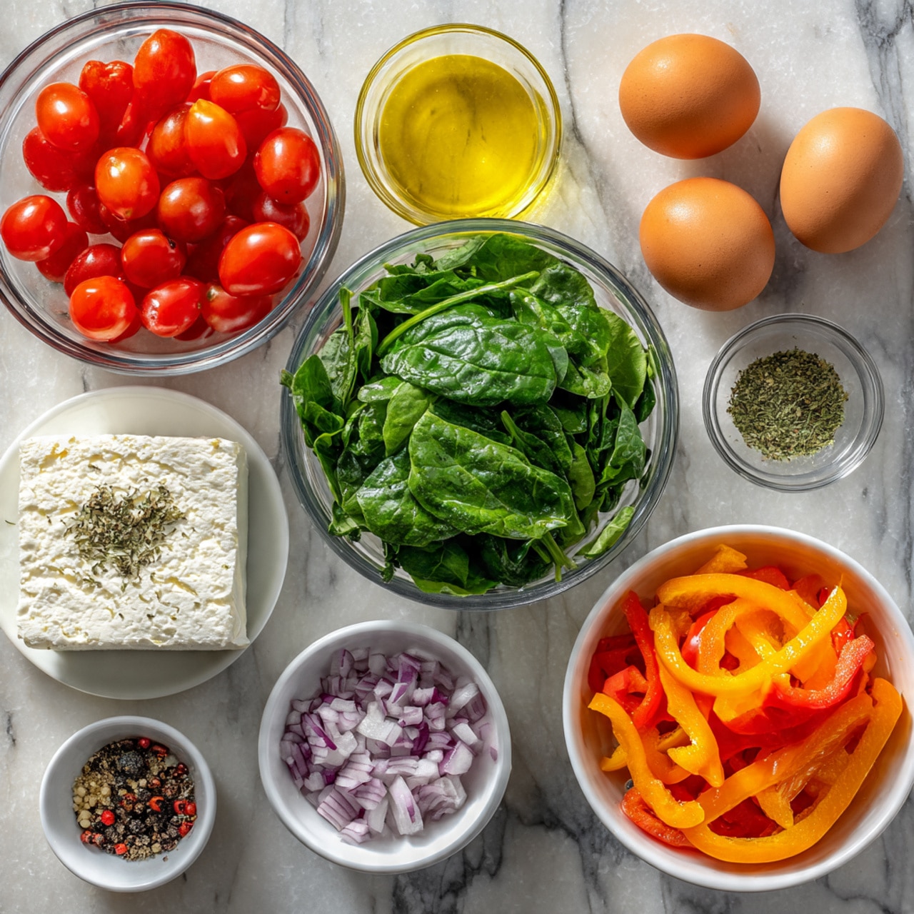The image shows a clean layout of fresh ingredients on a white marbled surface. In the top left, there is a clear glass bowl full of bright red cherry tomatoes, and to the right of it, four whole brown eggs rest on the surface. Below the tomatoes, a clear glass bowl contains fresh dark green spinach leaves. Next to the spinach, a small clear glass bowl holds golden olive oil. Below the oil is another clear glass bowl with finely chopped purple onions. To the bottom right, a white bowl is filled with bright orange chopped bell peppers. At the bottom left, a small white bowl has a mix of black pepper, crushed red pepper, oregano, salt, and other herbs. Above this, there is a small clear glass bowl with minced garlic, and beside it, a block of white feta cheese wrapped in labeled paper. The whole setup is neat and colorful, emphasizing fresh vegetables and spices. photo taken with an iphone --ar 4:5 --v 7