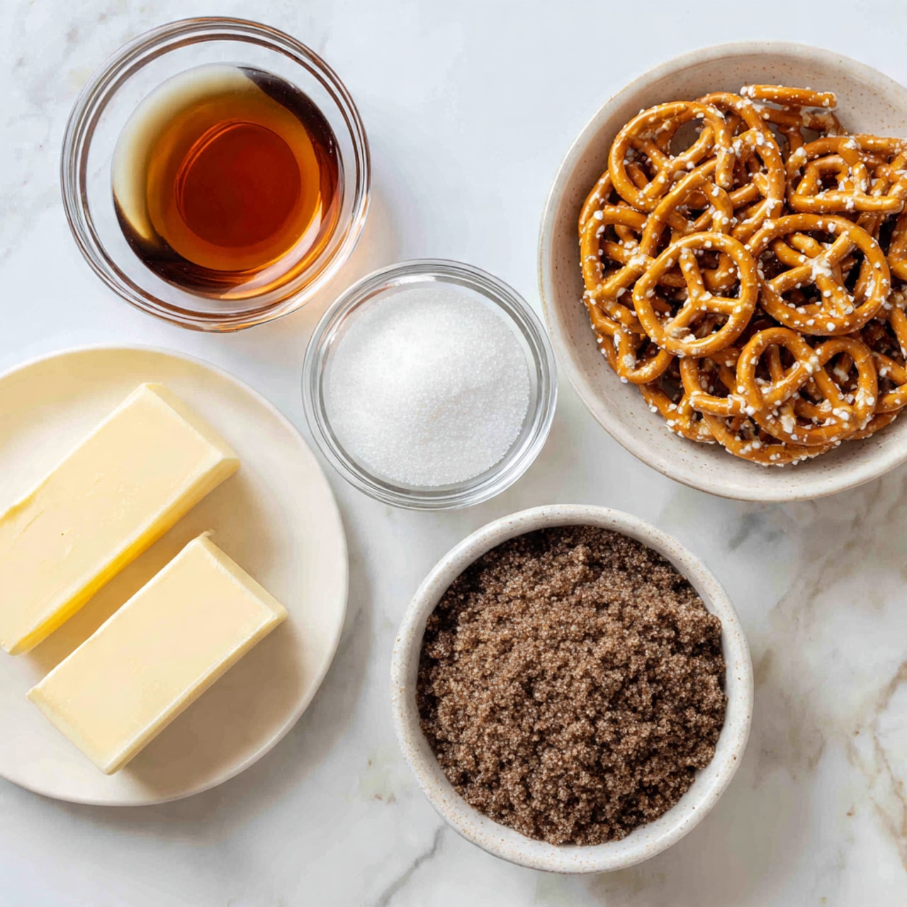 The image shows five bowls and plates with different ingredients arranged on a white marbled surface. In the top right, there is a round white bowl filled with small, golden brown pretzels that have a slightly shiny and salted texture. Below it, another round white bowl contains packed dark brown sugar with a fine and crumbly texture. To the left of the brown sugar, there is a small clear bowl holding coarse white salt. Near the salt, a small round glass cup holds a dark amber liquid, likely syrup or extract. On the left side, a white shallow plate has two pale yellow sticks of butter, smooth and rectangular. The overall look is clean and bright with a clear view of each ingredient’s shape and color. Photo taken with an iphone --ar 4:5 --v 7